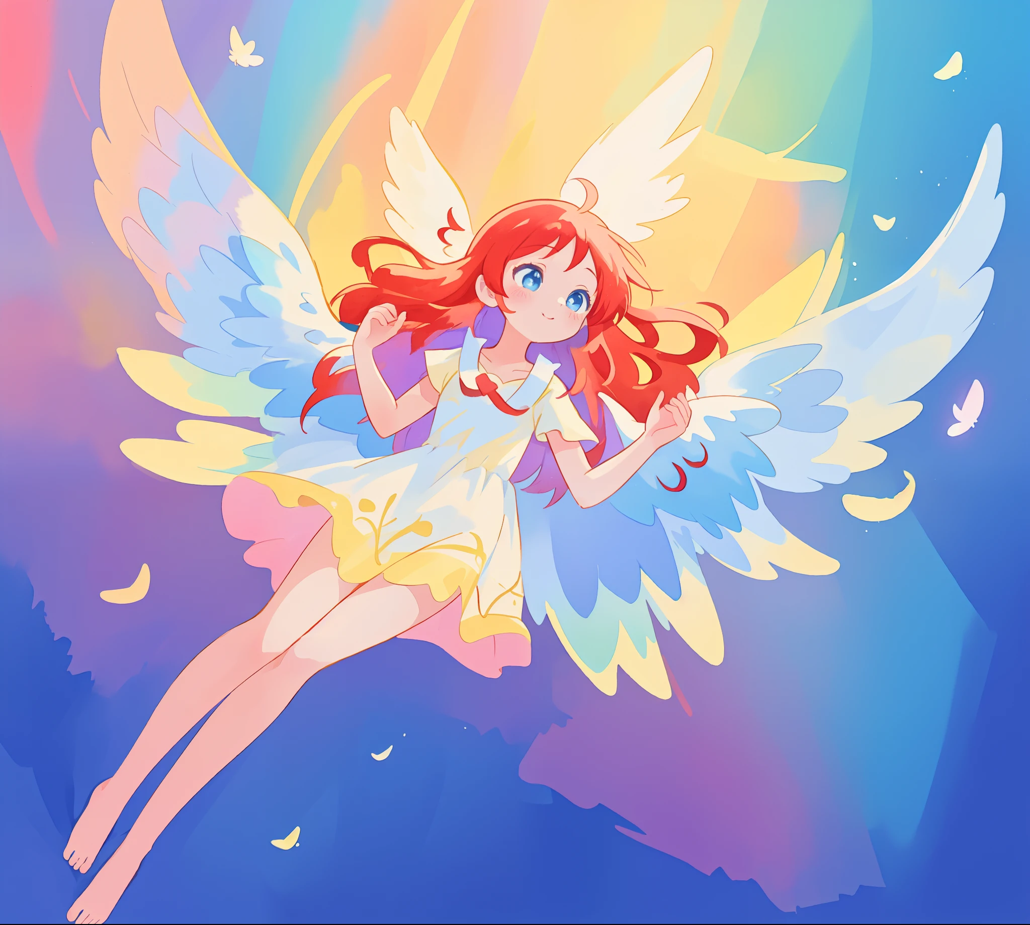 beautiful angel girl barefoot in shimmering long colorful dress, ((colorful angel wings)), vibrant pastel colors, long flowing red hair, colorful fantasia background, watercolor illustration, disney art style, beautiful digital illustration, beautiful, masterpiece, best quality, anime disney style, beautiful face, ((angel)), ((angel wings))