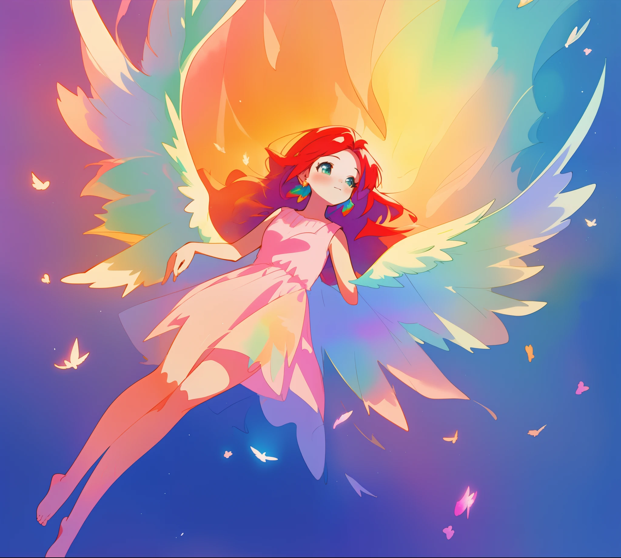 beautiful angel girl barefoot in shimmering long colorful dress, ((colorful angel wings)), vibrant pastel colors, long flowing red hair, colorful fantasia background, watercolor illustration, disney art style, beautiful digital illustration, beautiful, masterpiece, best quality, anime disney style, beautiful face, ((angel)), ((angel wings))