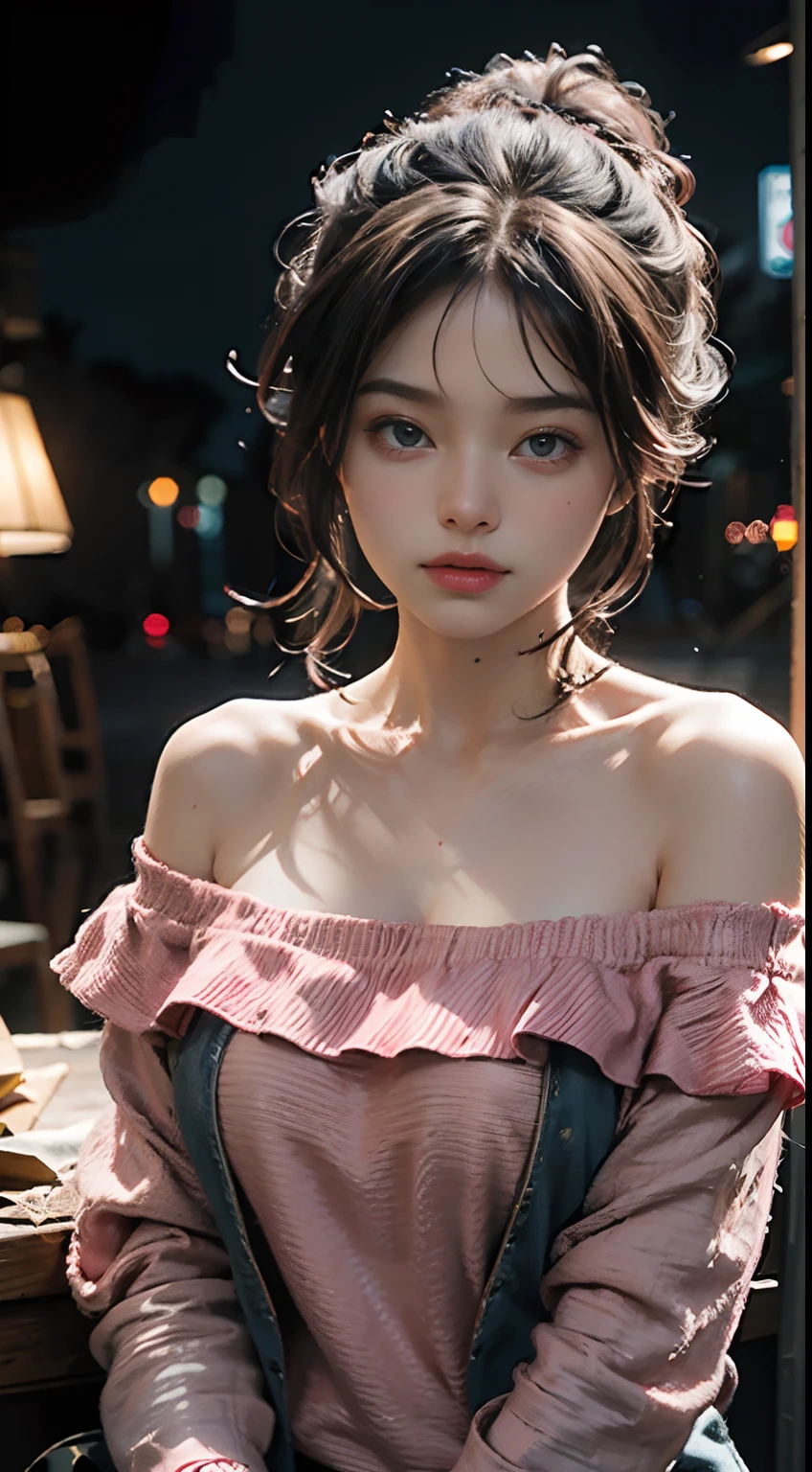 Best Quality, Masterpiece, Ultra High Resolution, (Realisticity: 1.4), Original Photo, 1girl, Pink Off-the-Shoulder, Cinematic Lighting