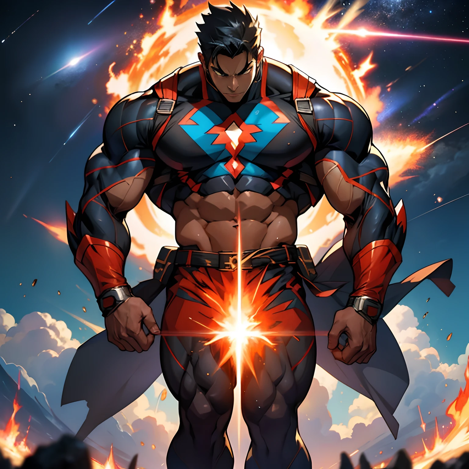 (anime style) an extremely muscular masculine superhero descends from the sky wrapped in a burning aura like a falling meteor, meteor shower, impact, giant, anime, --auto