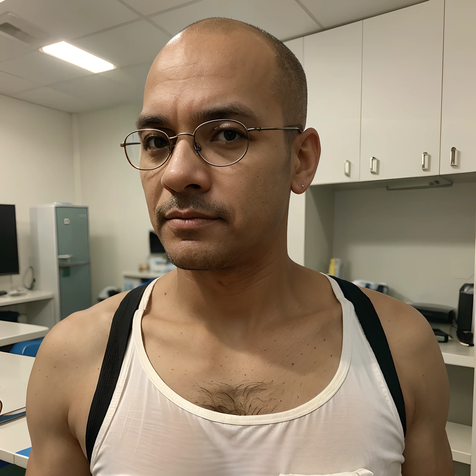 Professor de quimica careca de oculos e jaleco no laboratorio