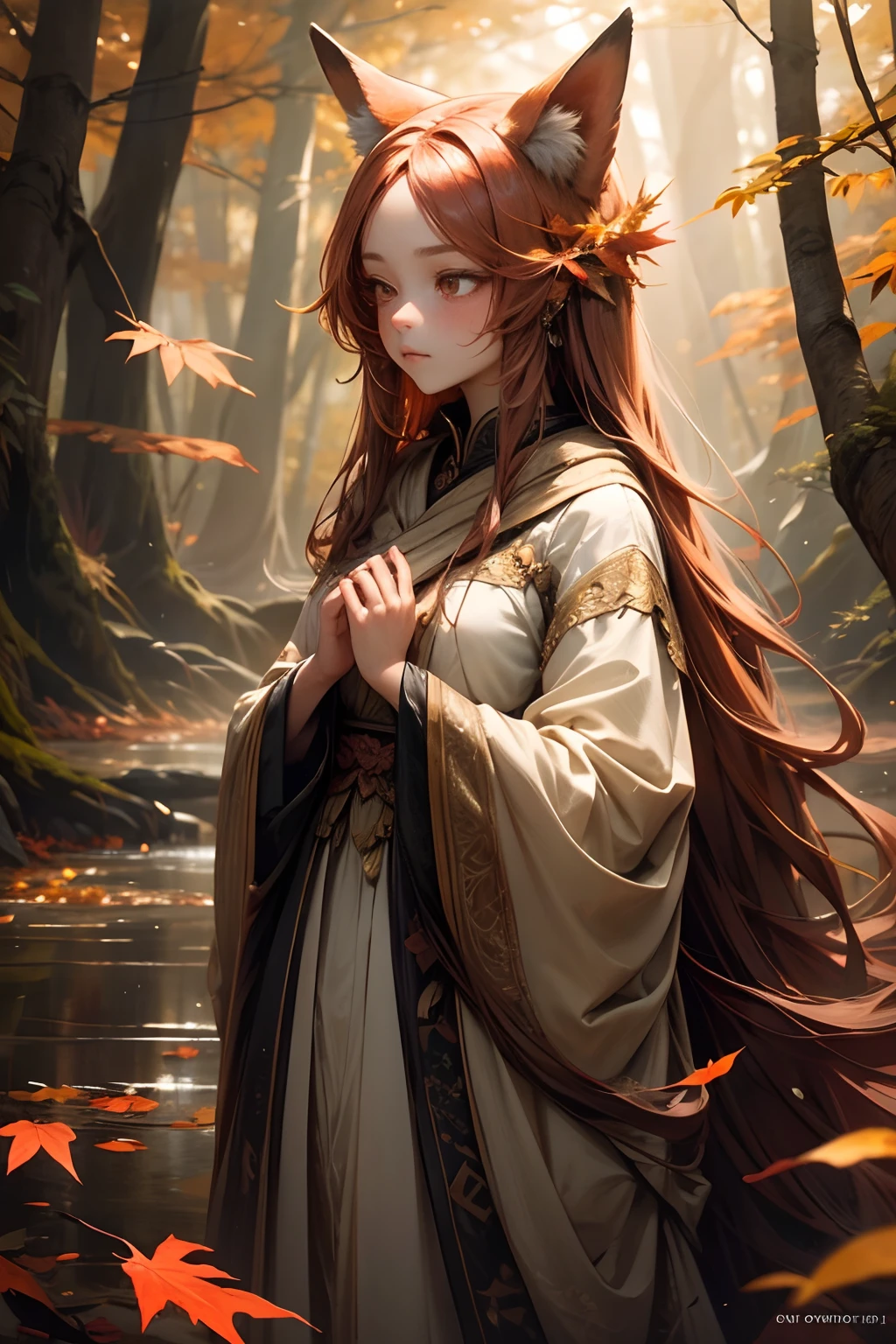 beautiful detailed fox girl, sad expression, long flowing hair, captivating eyes, delicate features, standing alone in a mysterious forest, wearing a flowing dress, surrounded by vibrant autumn leaves, soft sunlight illuminating her, with a sense of melancholy, ethereal and enchanting, oil painting effect, ultra-detailed, best quality, HDR, vivid colors, capturing a moment of vulnerability, evoking a sense of longing and isolation, with a touch of magic and fantasy.