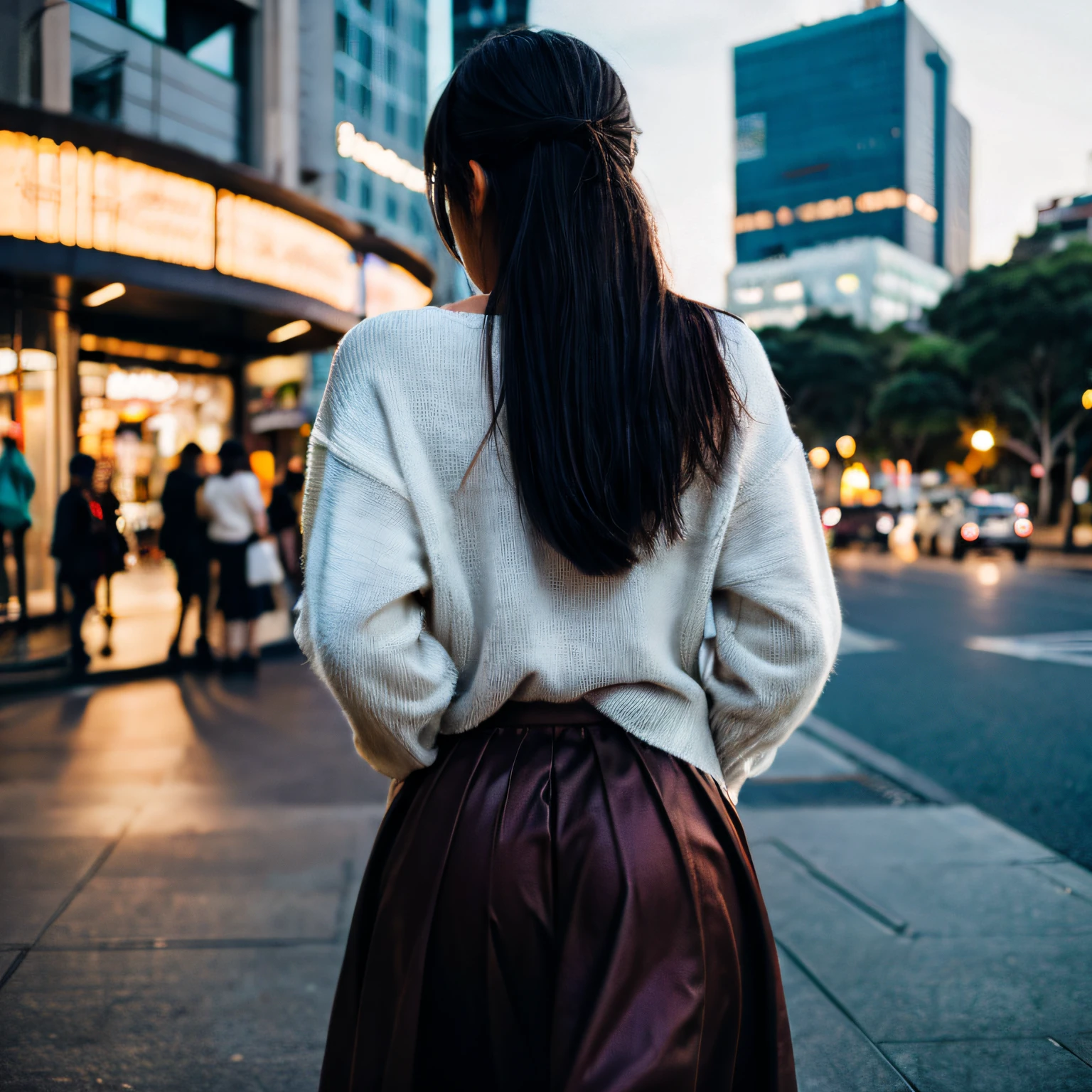 depth of field, out of focus background, 20-year-old, 1 girl, asian, long skirt, loose sweater, australian city background, back to camera, walking away, twilight, no face