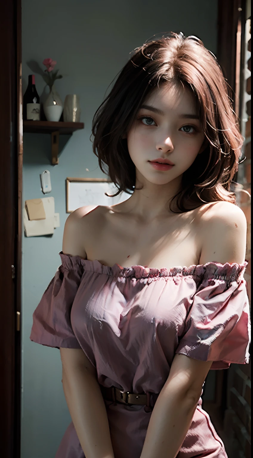 Best Quality, Masterpiece, Ultra High Resolution, (Realisticity: 1.4), Original Photo, 1girl, 23 years old:1.2, Pink Off-the-Shoulder, Cinematic Lighting