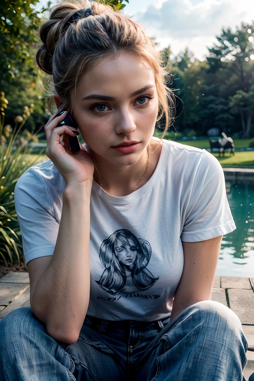 1 woman, (with earbuds tiny speakers in her ears), she's (sitting outside next to pond with swans, she's looking at camera), (elegantly detailed swans:1.3) , she is a gorgeous,,(exterior lovely pond park with ducks and swans:1.3)), stunning natural lighting on every element,), (she's listening to music), realistic photo, (47% of photo is black in drawing:1.4), she's has (eye contact:0.3) skill , (she wears a tshirt with minotaur graphic print , black jeans, pencil in her blond hair), (clouds:0.9) beautiful face, slight smile, intense presence, masterpiece, obsessively detailed details, cozy relaxed, teasing us, catching us, beautiful hands, kind eyes, gorgeous, incredible details, ((high contrast)), (deep, darkest shadows), (shadow details:1.0), ((taken using Leica camera, aperture: f/2.3)) , hyper-realistic skin, pores, scar, mole, (she has blonde hair pulled away from face, tidy updo, with pencil stuck in it), (stunning smokey eye makeup), natural resting, perfect hands, relaxed moment, she's in dark with natural light glow, (romantic light:1.2), radiant skin, perfectly framed face, perfect relaxed hands, perfect fingers, (perfect portrait, incredible eyes:1.1), a work of art,sexy beautiful composition, golden ratio, inspiring, (highest quality fabric texture), every detail,Fine facial features – (Highest Quality) ,Leica camera film, High quality ○○ detailed – ○○ details ultra detailed(Ultra-fine ), Photorealistic, Extremely detailed(Extremely detailed) , (highest detail image, lens flare, realistic)○○ res – ○○ resolution ultra high res(A high resolution),playful relaxed photos