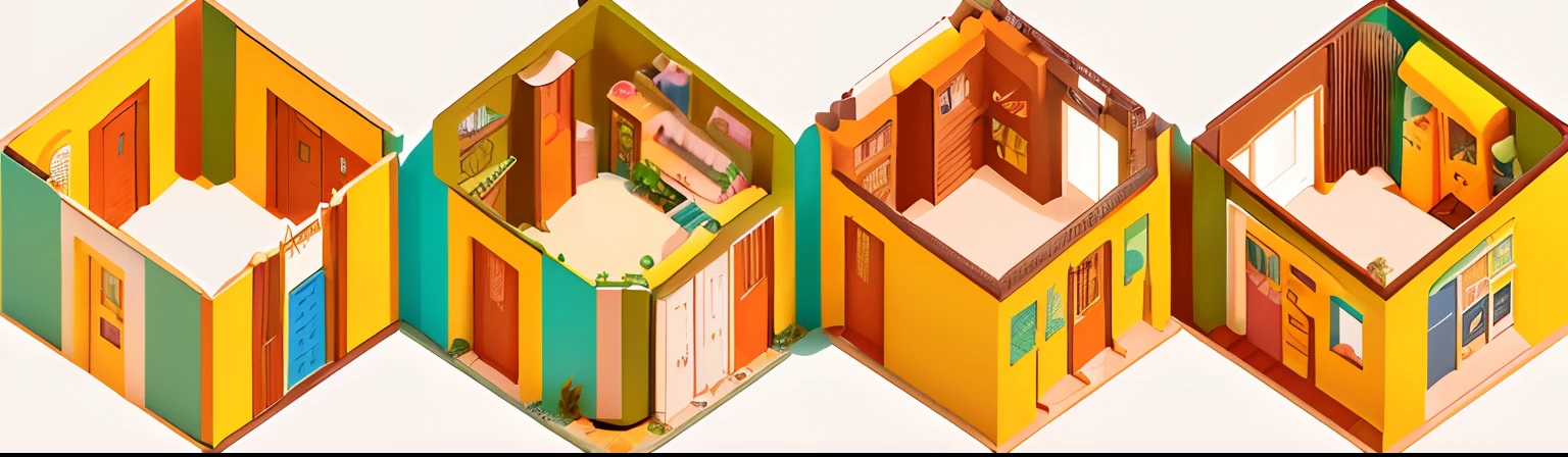 Tres cometas de diferentes colores cuelgan de una pared, isometric style, isometric illustration, Isometric, Habitaciones segmentadas aleatoriamente, isometric art, not isometric, isometric illustration fun, isometric angles, Isometric environment, isometric house, Colorido plano surrealista, isometric 3D, isometric design, isometric 3 d, Colorful surreal flat design
