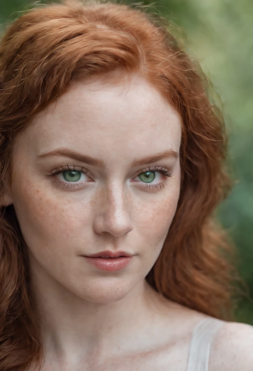 photo of beautiful age 34 woman, plus size, curvy, curly ginger hair, long hair, freckles all over, green eyes, sexy, dslr, 8k, 4k, ultrarealistic, realistic, natural skin, textured skin, naked, fantasy