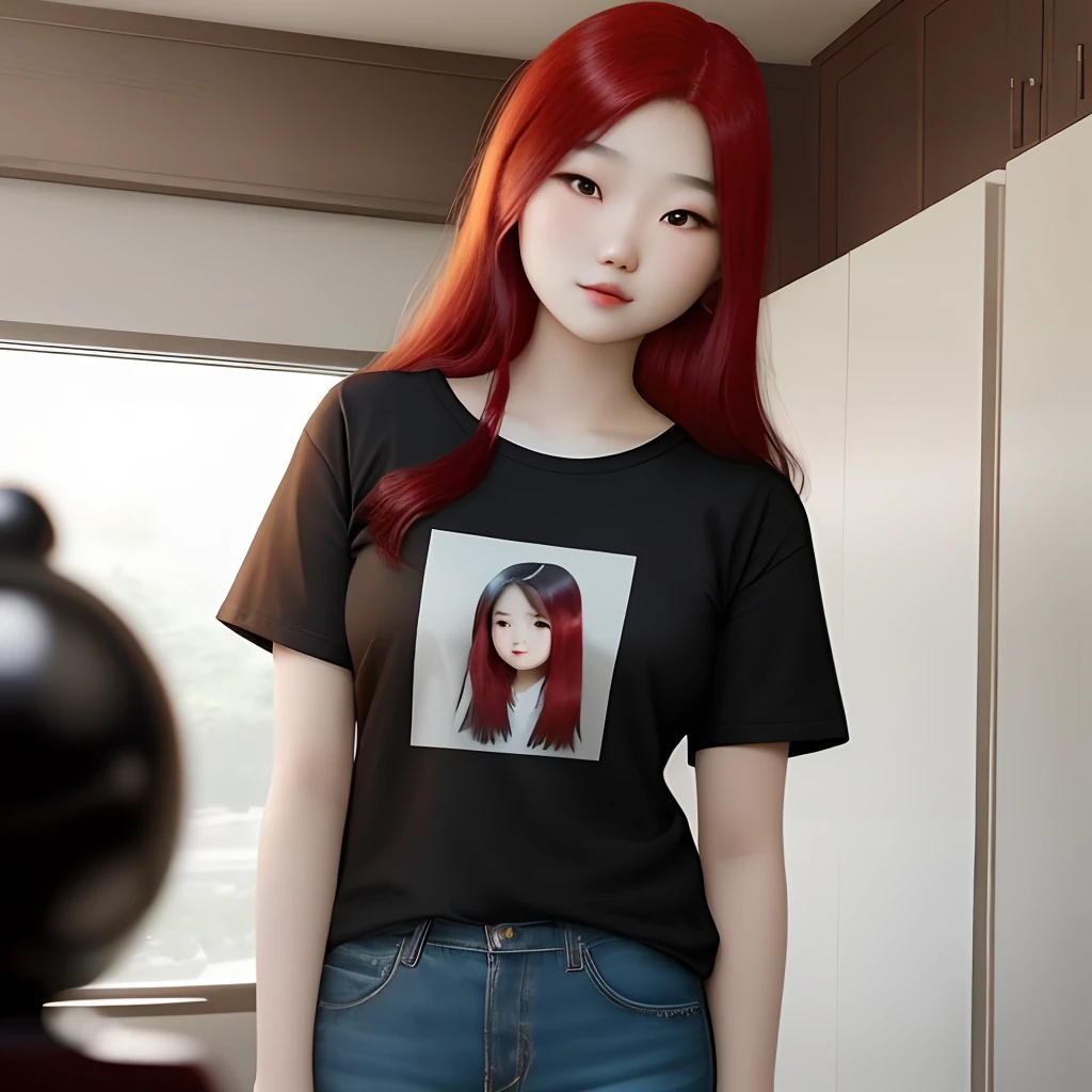 pale cute asian girl with black and red hair wearing cute brown shirt and light mmom jeans real realistic