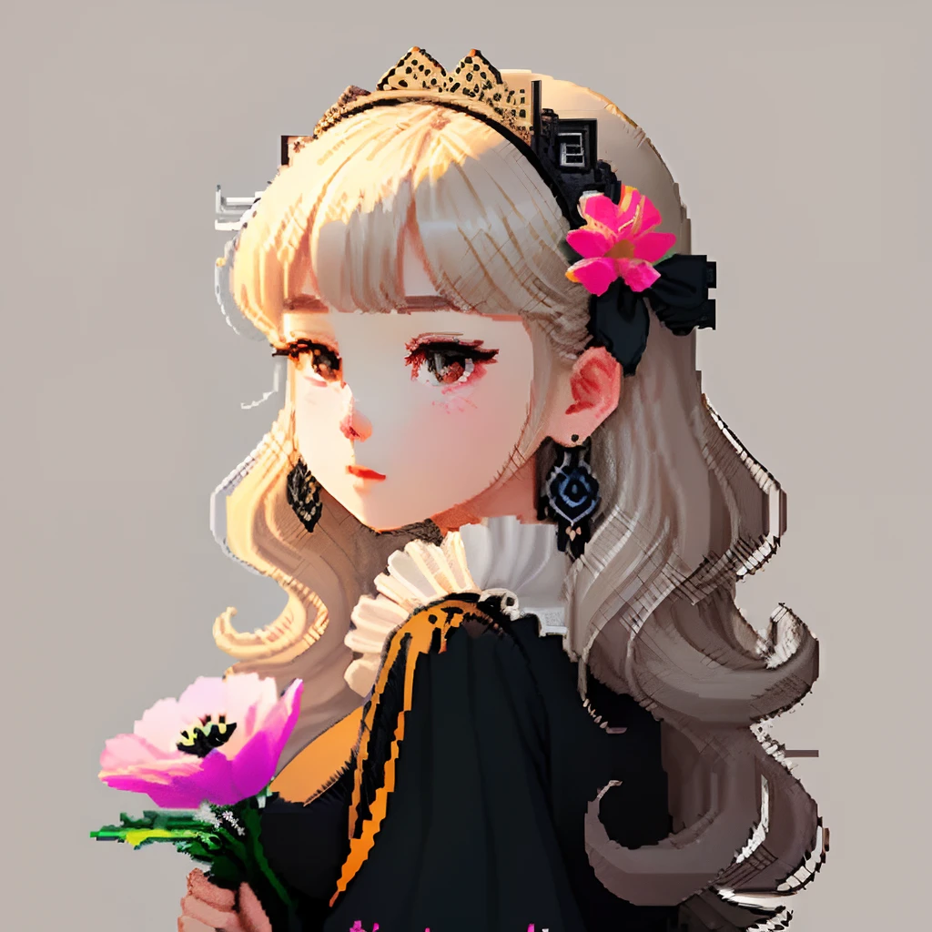 She was dressed like an ornate jewel,large earring、Lots of flowers、 Gothic White、Colorful Floral Decoration Costume、Girl with dull grey long S-shaped curls、Look back and look at this.、Pixel art、Pixel Art Illustration、pixels、Plain background、Upper body、For icons、pixels_Art Book,Composition centered on the face、Black lily flower headdress、Katyusha、pixels、Game-style illustration、Pixel art、pixels、without background、The background is one color beige、pixels、Large anemone flower ornament、Loose fluffy、White background、Gothic fashion、simple background、