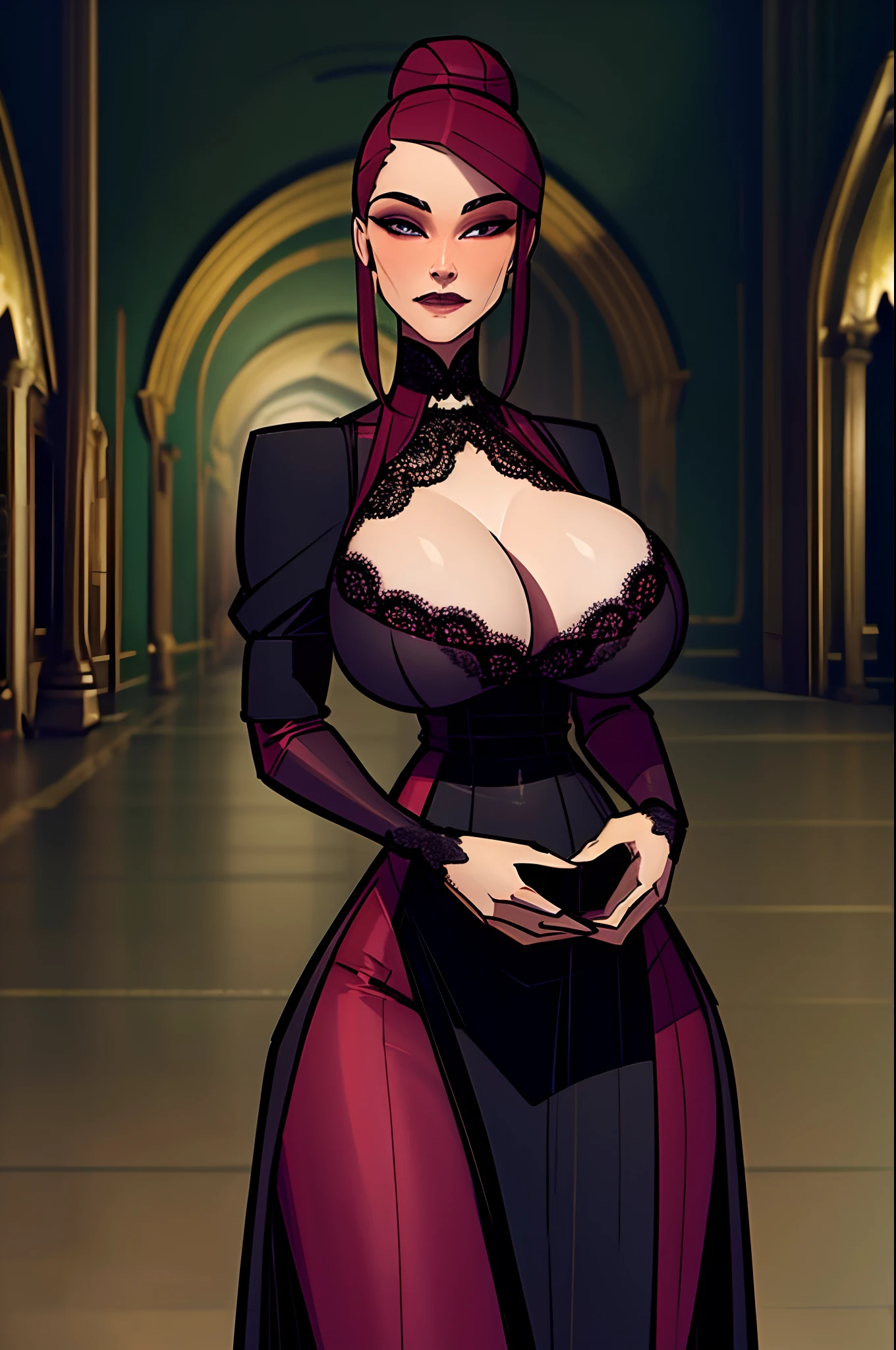 masterpiece, Medieval, pale skin, prominent cheekbones, dark red hair in bun, giant breasts, black lace dress, curvy, lipstick