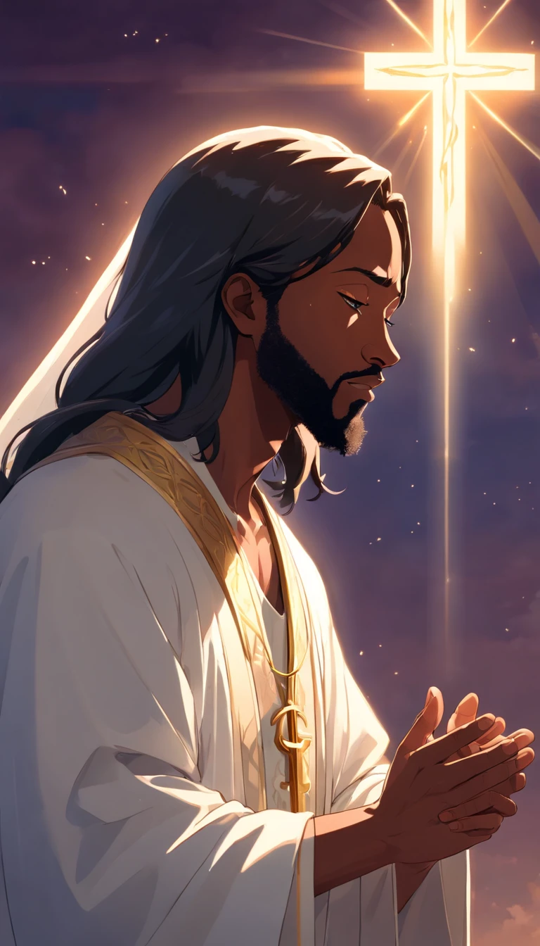 "Create an image of a black Jesus in profile, depicted in the act of prayer with hands clasped together."