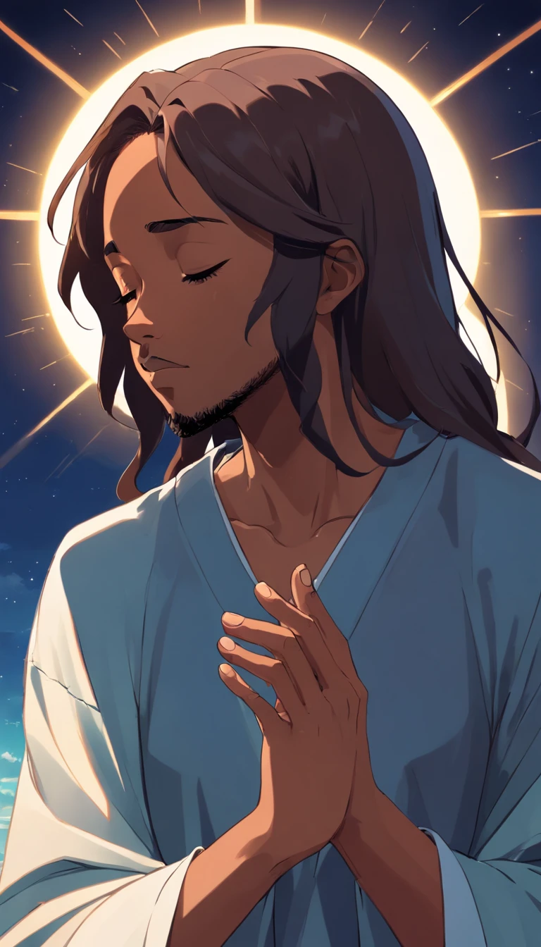 "Create an image of a black Jesus in profile,   depicted in the act of prayer with hands clasped together."