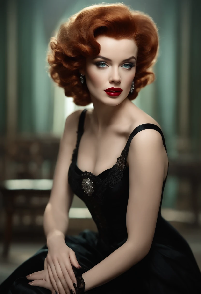 marilyn monroe facing the camera, athletic, fit, gorgeous, highly finely detailed and intricate black colored steampunk dress, red hair, dark auburn hair, turqoise colored eyes, broken glass effect, wide angle shot, full body, detailed, perfect face, detailed pupils, perfect ???????, sharp focus, insanely detailed, realistic, detailed, sharp, fine and precise, delicate lines, complex cinematography, sharp focus, dynamic posture, highly detailed, high quality, detailed face, detailed eyes, insanely detailed, 32k, studio cinematic lighting, crisp focus, graininess, feeling of passion, ideal body proportions