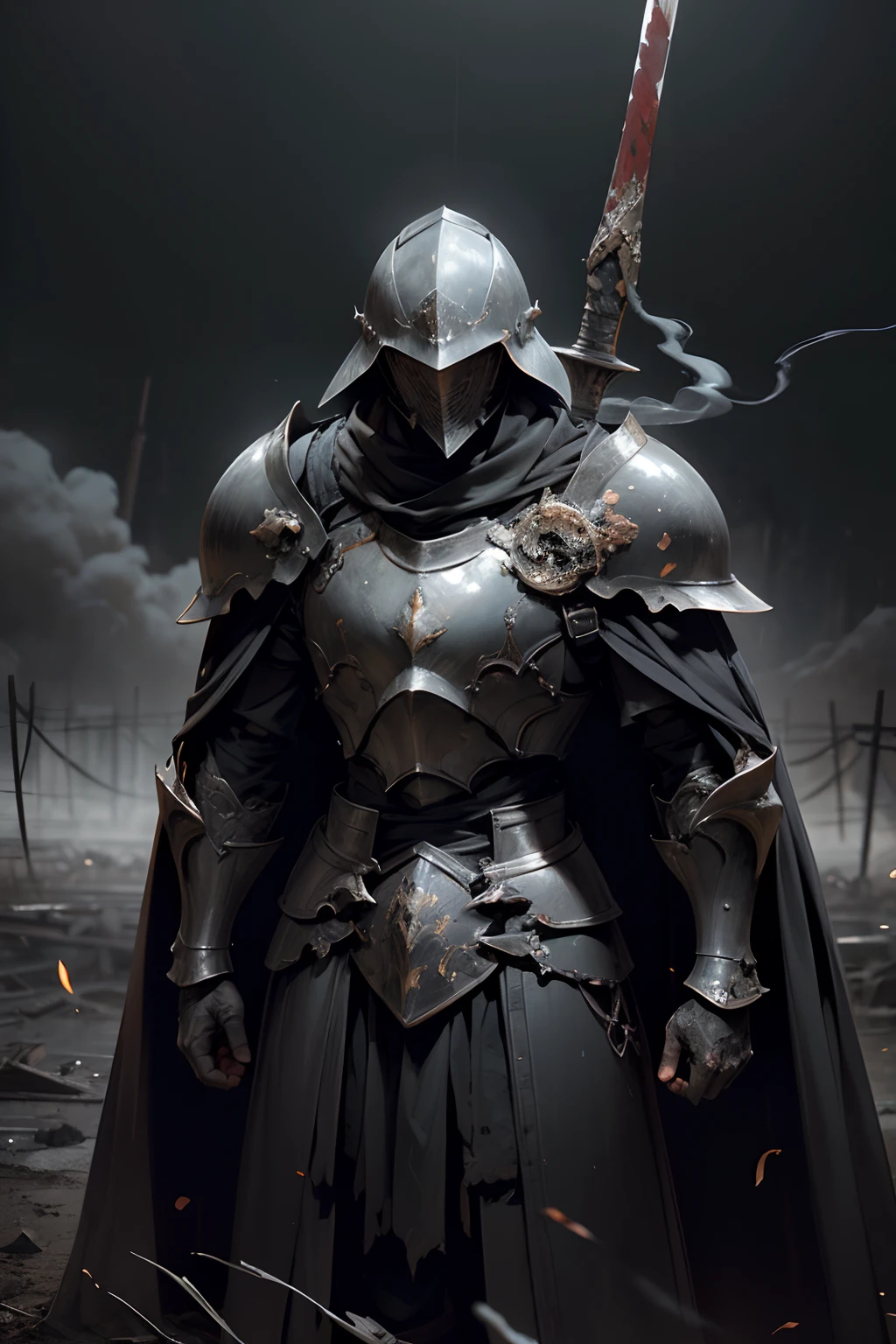 fallen knight,embers,dark and eerie atmosphere,dramatic lighting,cracked armor,shattered sword,intricate details,heavy cape,lost battle,fading glory,haunting shadows,misty backdrop,sorrowful expression,majestic helmet,broken shield,lonely figure,smoke rising,doomed fate,gloomy ruins,majestic composition,warrior's honor,desolation,dying fire,ominous presence,ashes and smoke,blood-stained ground,worn-out armor,determination,stoic face,symbol of courage,end of an era,devastated battlefield，[subdued color palette],[muted tones],[haunting atmosphere:0.9]