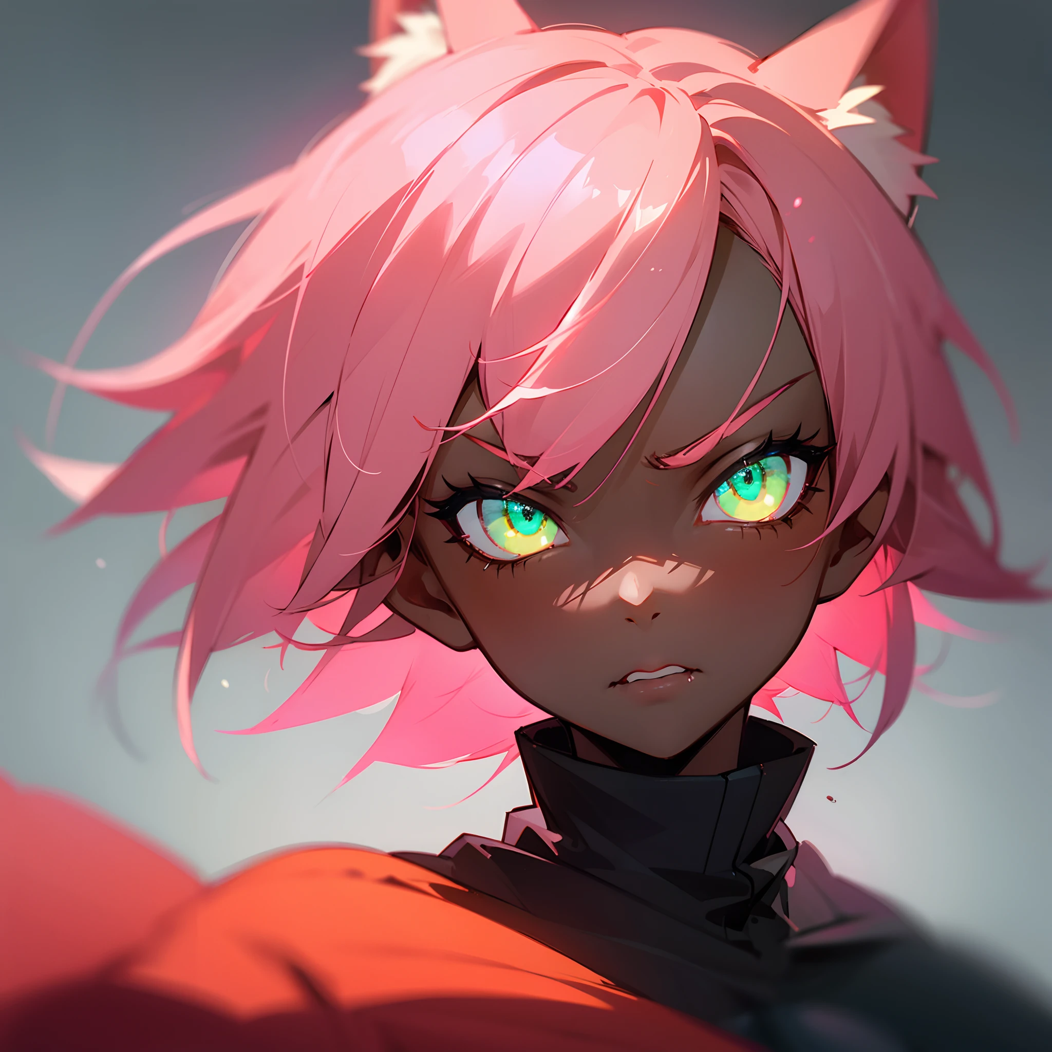 dark skin, 1girl, hd++, best quality, best shadows, best light, neon green eyes, fox ears, peach-pink color hair, short hair, icon, portrait, angry, detailed eyes, beautiful, gloomy atmosphere.