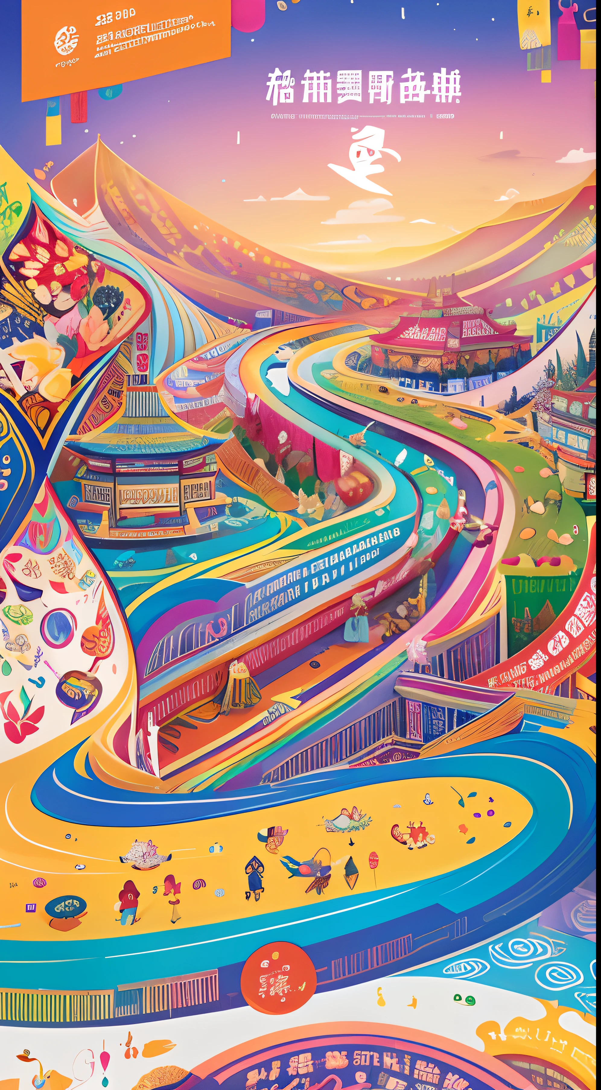 Rich and colorful Yunnan food culture、traditionalcostumes、Unique architecture、Ethnic motifs、Dynamic traffic、Vibrant colors、exquisite detailing、high-resolution illustrations、textures true to reality、Linear poster illustration style with ethereal lighting，Linear flat poster