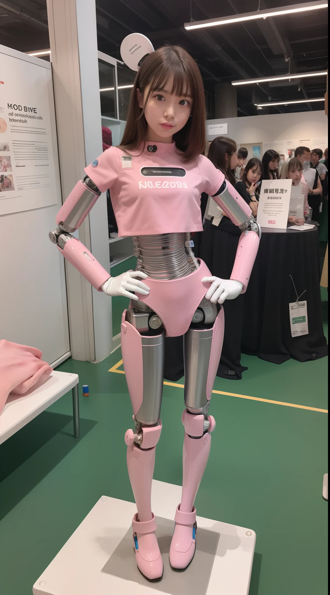 Robot Girl, pink there, Silver, Metallic body, Robot Parts, Metal Parts, Super Detailed Face, Super well-formed face, of the highest quality, a small face, small head, Brown hair, Slender body, Camera gaze, Internal Mechanical Exposure, Idol, front facing, Well-proportioned body, sale, exhibition, Event Hall, Moe Pose, Standing with legs open, Hands on hips, Model body type, sad, Embarrassing,(Perfect Robot Girl),(Perfect machine body)