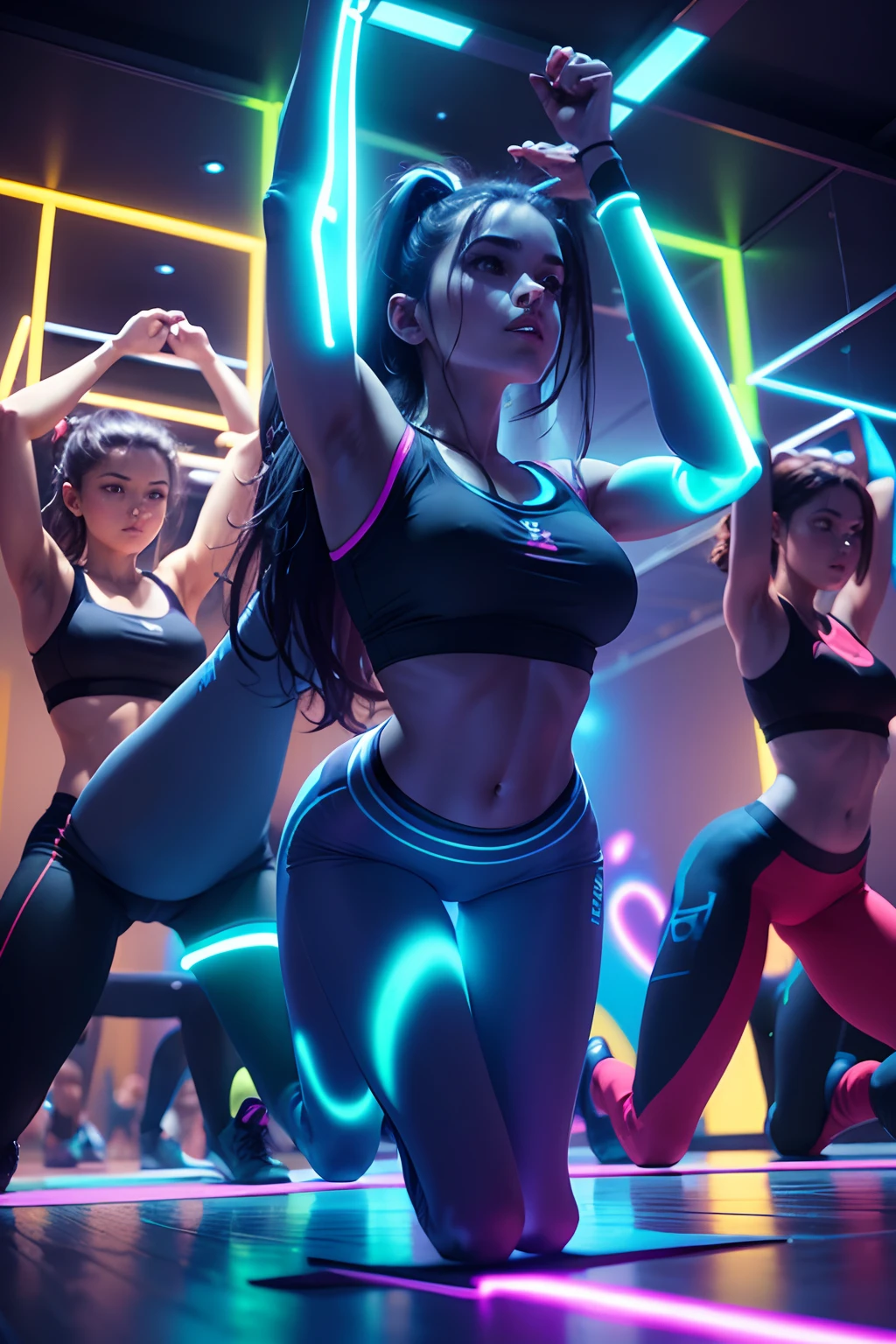 A group of young men and women,Wearing long pants and sports gear,Glow-in-the-dark paint on the body,In neon-lit space,In yoga exercises