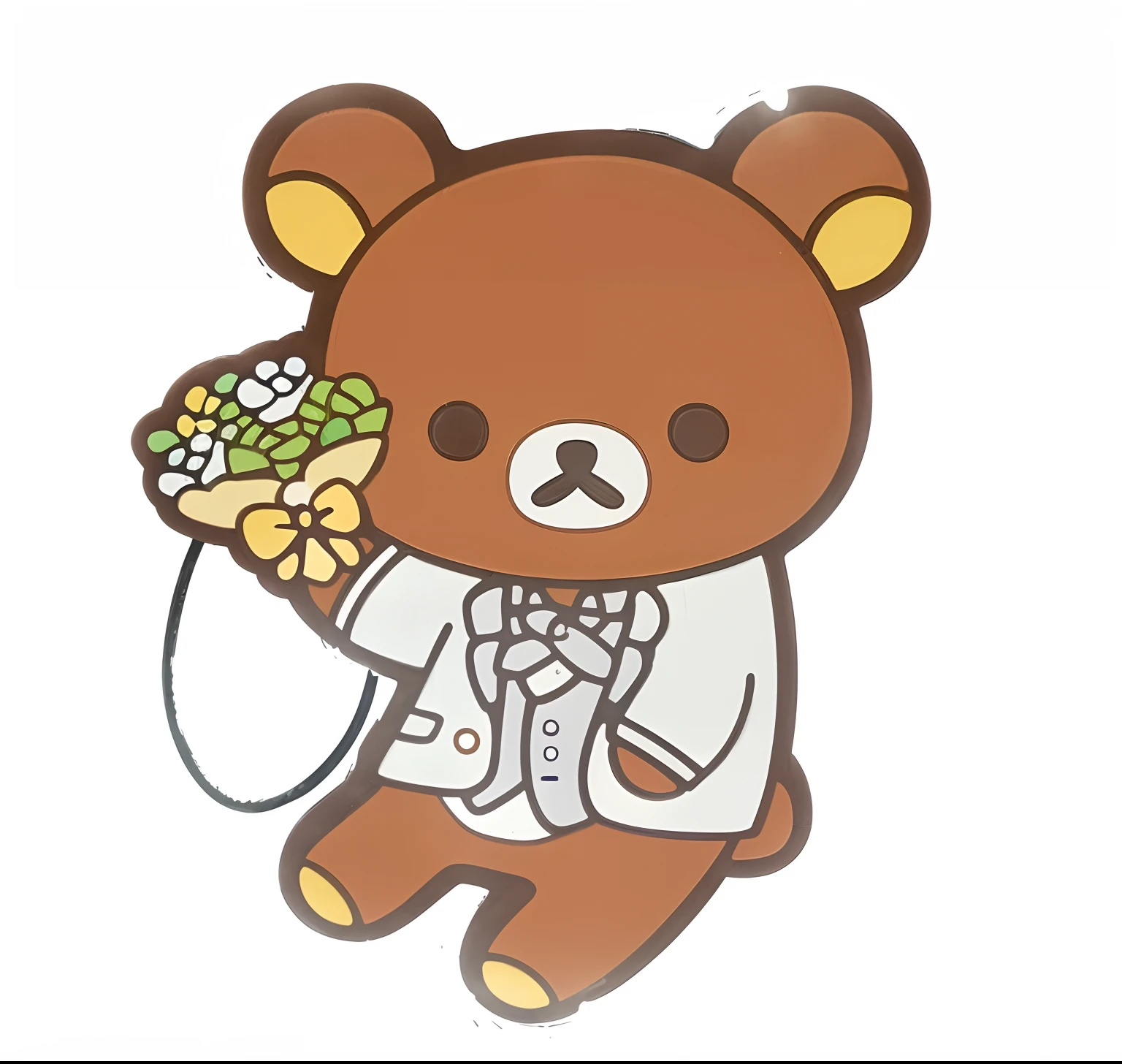 there is a brown bear with a white coat holding a flower, kawaii, sanrio, けもの, senko-san, brown ) ), 2d, 2 d, kawaai, teddy bear, umamusume, 5 d, 5d, kawaii cutest sticker ever, by Gusukuma Seihō, official product image