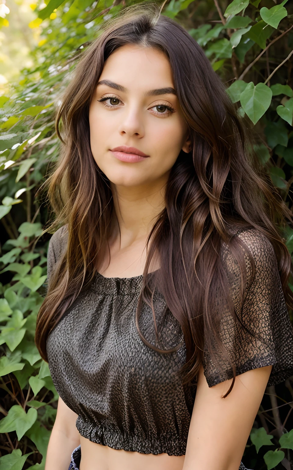 1 woman, long and wavy dark brown hair, dark brown eyes, nature, above, Jupe courte, Italy, mediuml breasts