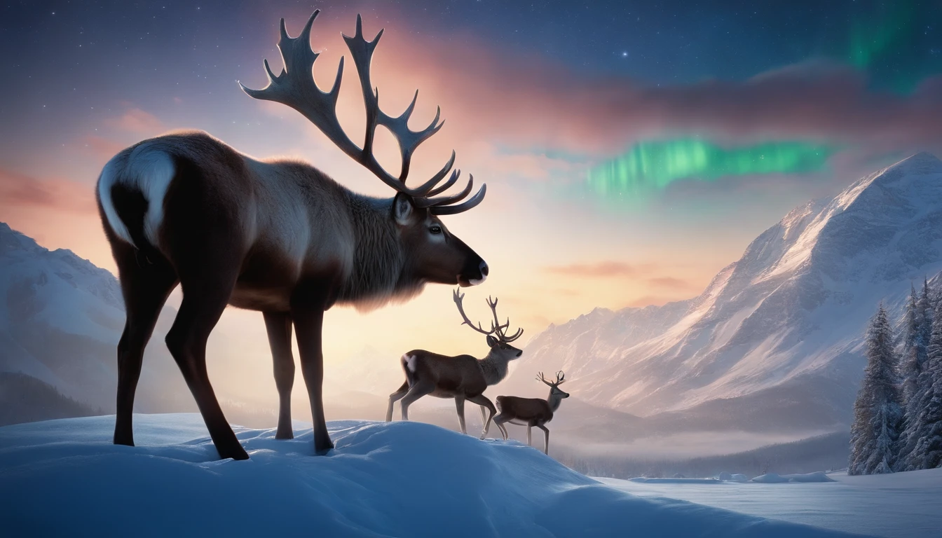 Fantasyart, Best Quality,hight resolution,(masutepiece:1.2),Ultra-detailed,Reindeer in the foreground,Multiple reindeer,Beautiful aurora borealis in jade color, Mysteriously shining aurora borealis,A snow-capped mountain towering in the far back々, Two-storey log cabin covered with snow,Snowy hideaway, Yukito,Sled,Winter wonderland,Vibrant colors, 云,myst,themoon,intergalactic, breathtaking landscape, Ice cliffs, frozen lake, Peakful, Majestic beauty, Starry Night, ethereal glow, Miracle of nature, Peaceful solitude, Wonders of Heaven, Vast, Natural phenomena, Silent Night, Gentle reflection, sparkling stars, Mystical charm