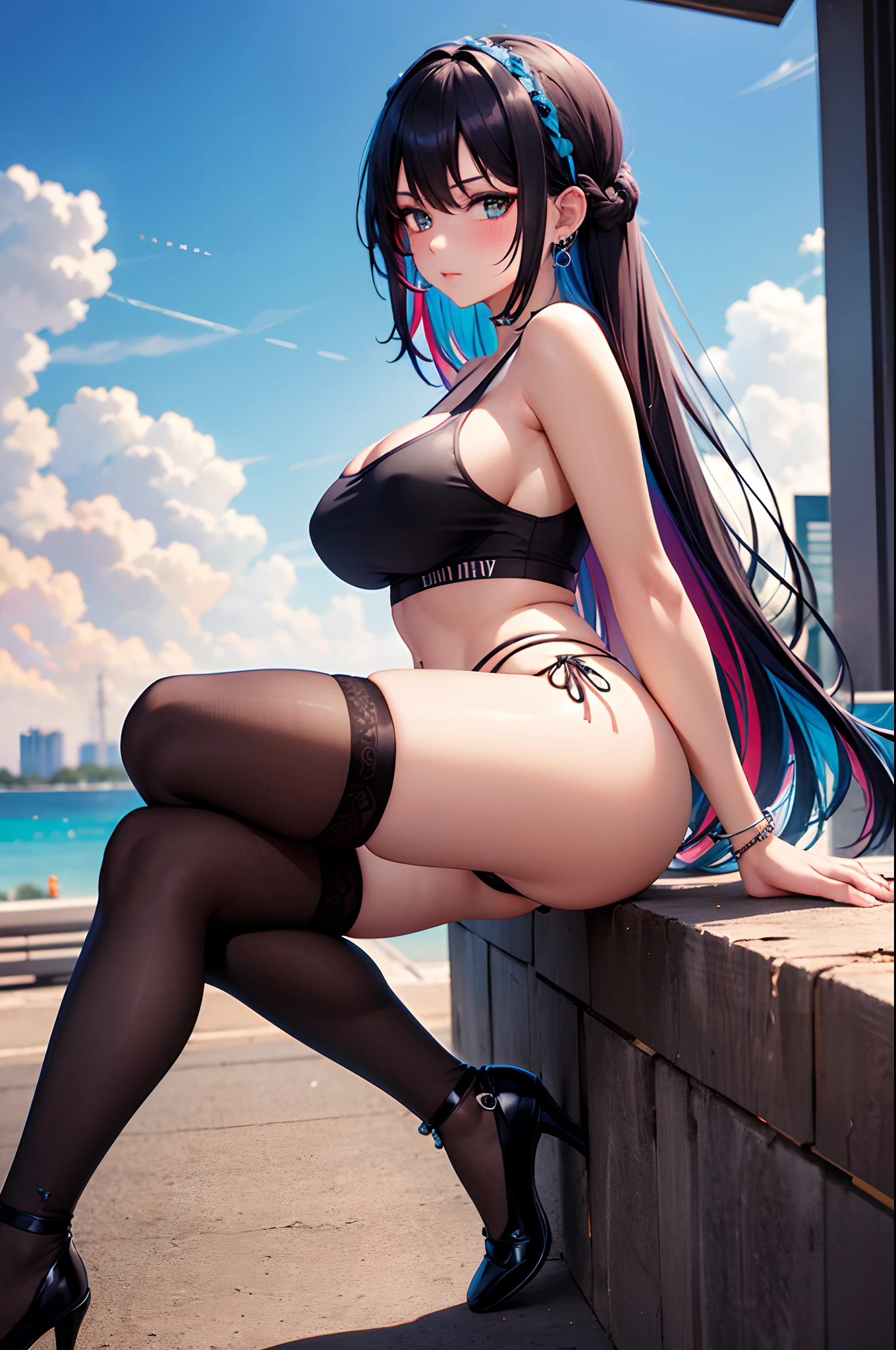 1girl, absurdres, high res, extremely detailed ultrasharp, 8K, masterpiece, city background, looking at viewer, thighs, breasts, big breasts, sideboob, long hair, multicolored hair, makeup, tank top, thong, ear piercings, hair ornament, blush, thighhighs, dolphin shorts