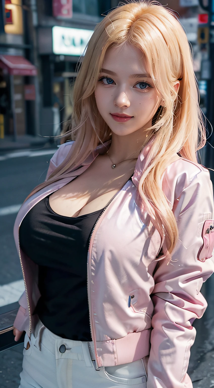 1girl, (Blue eyes), (Smile), (Sana Minatozaki), wide hips, Big Boobs, big ass, (Best Quality, 8k, Masterpiece: 1.3), perfect hands, Clear Focus: 1.2, Perfect Body Beauty: 1.4 , Slender Abs: 1.2, Highly detailed face and skin texture, detailed eyes, double eyelids, (close up), (blonde long hair :1.1), (black cleavage t-shirt and pink jacket :1.3), (white jeans :1.2), standing, dynamic pose, (view from up), in a tokyo neighborhood illuminated with signs