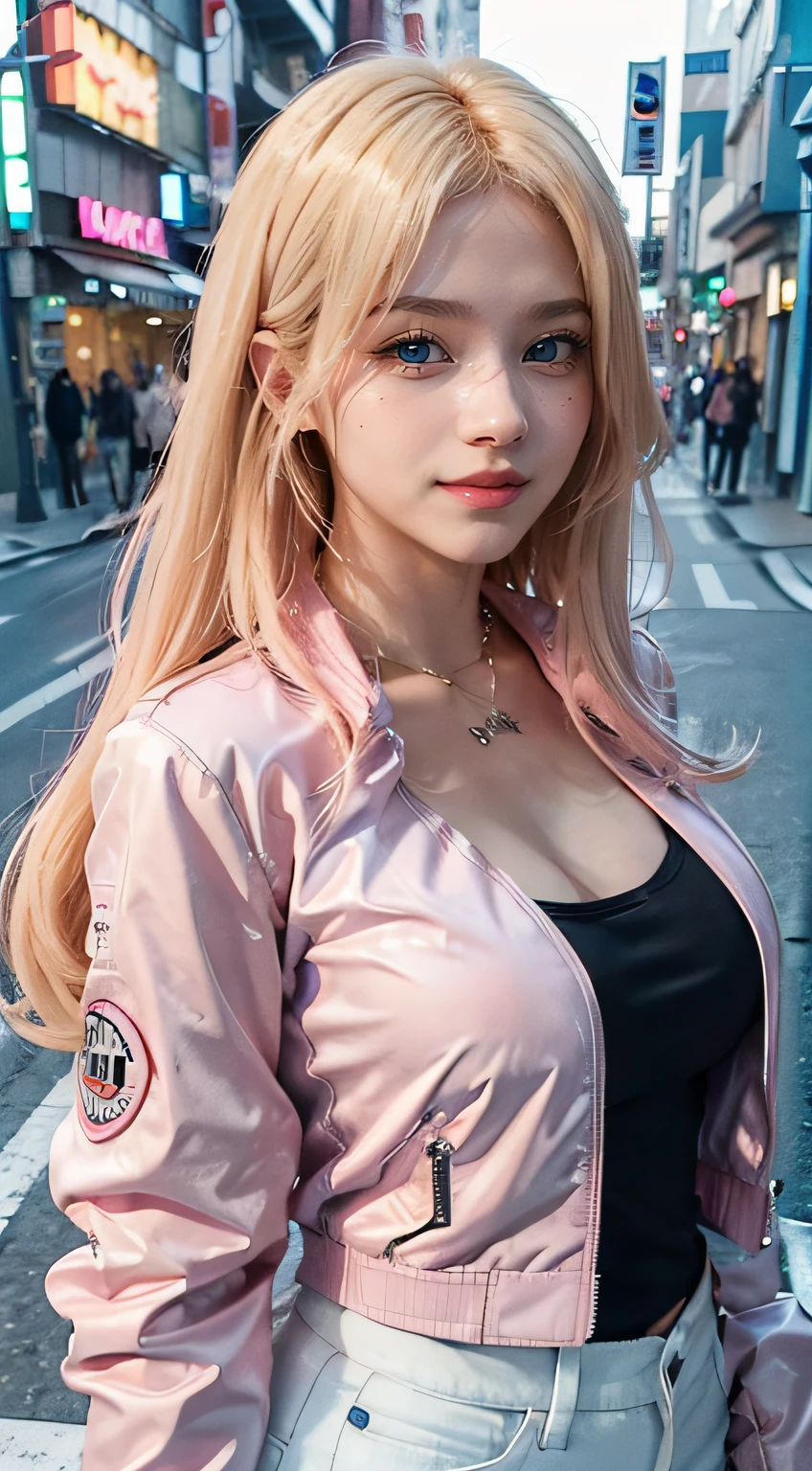 1girl, (Blue eyes), (Smile), (Sana Minatozaki), wide hips, Big Boobs, big ass, (Best Quality, 8k, Masterpiece: 1.3), perfect hands, Clear Focus: 1.2, Perfect Body Beauty: 1.4 , Slender Abs: 1.2, Highly detailed face and skin texture, detailed eyes, double eyelids, (close up), (blonde long hair :1.1), (black cleavage t-shirt and pink jacket :1.3), (white jeans :1.2), standing, dynamic pose, (view from up), in a tokyo neighborhood illuminated with signs