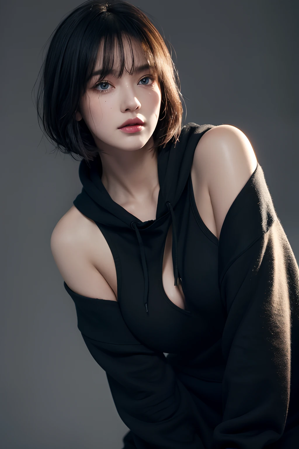 ultra high res,masterpiece,best quality, perfect glossy shiny skins, perfect lighting, detailed lighting, dramatic shadows, ray tracing, 1girl, black sweater, looking at viewer, off shoulder, Big breasts, Exposed cleavage, blue Eyes, sharp face, sharp eyes, long bangs, short cut hair, nsfw, ((Dark background)), oversized hoodie, Wearing a black hoodie, Wearing an ugly black hood, wet (sweaty, soaking wet),