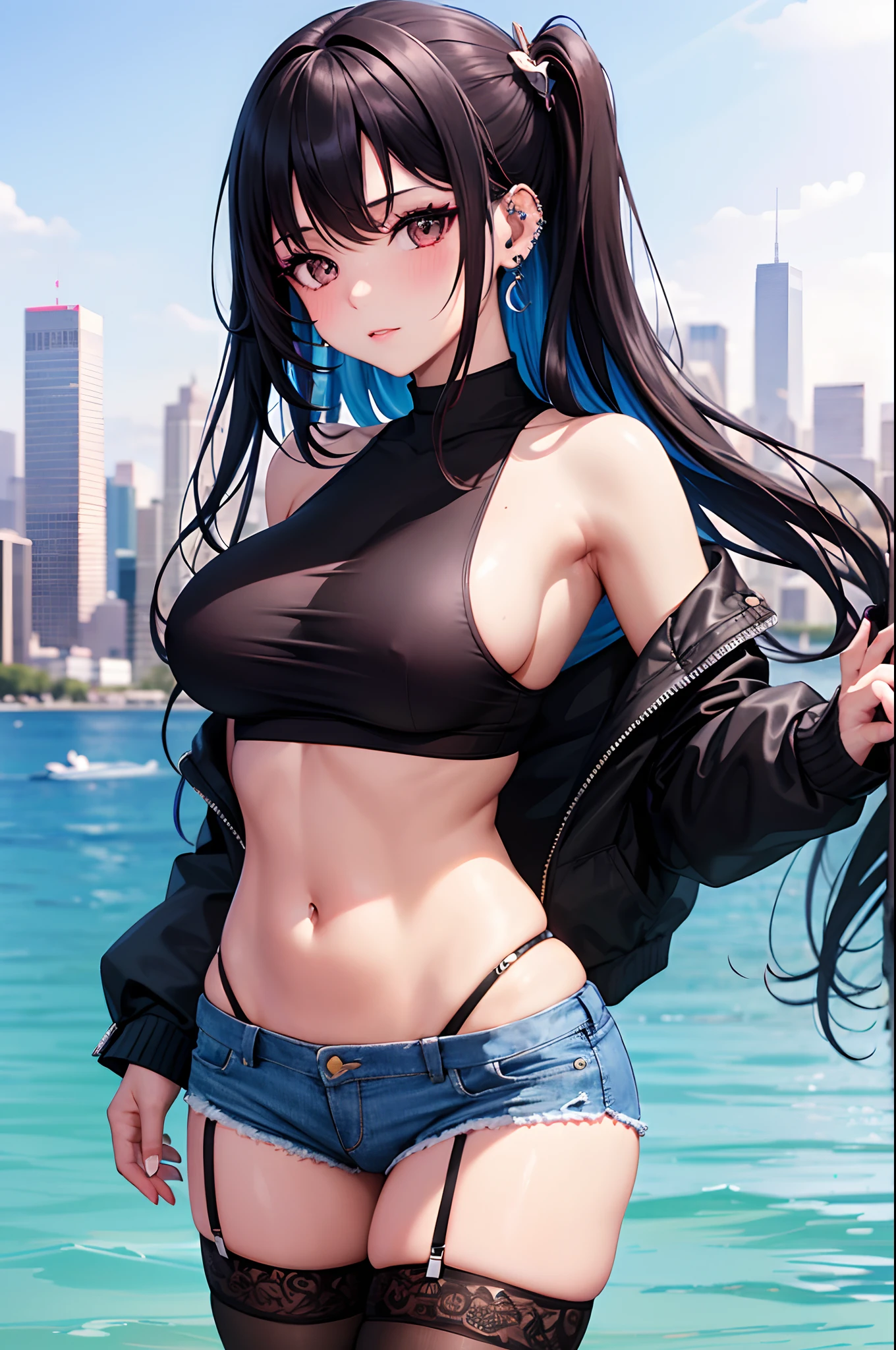 1girl, absurdres, high res, extremely detailed ultrasharp, 8K, masterpiece, city background, looking at viewer, thighs, breasts, big breasts, sideboob, long hair, multicolored hair, makeup, tank top, thong, ear piercings, hair ornament, blush, thighhighs, dolphin shorts