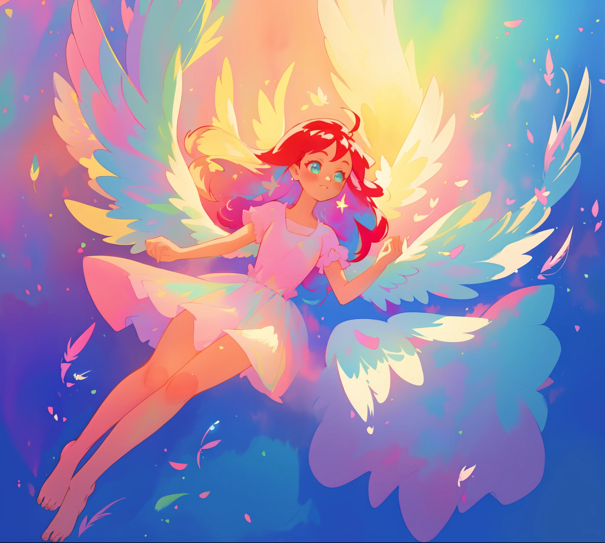 beautiful angel girl in shimmering pink long puffy dress, ((colorful angel wings)), ((colorful)), puffy swhimmering sparkling skirt, barefoot, colorful pastel angel feathers, (angel feathers), vibrant pastel colors, long flowing red hair, colorful fantasia background, watercolor illustration, disney art style, beautiful digital illustration, beautiful, masterpiece, best quality, anime disney style, beautiful face