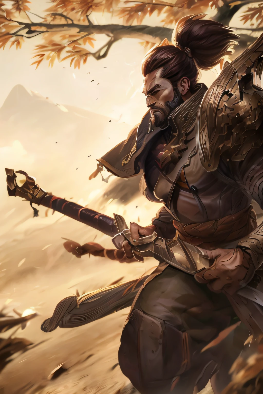 Yaso, League of Legends, Yaso_(Soyuz_af_legends), 1boys, arma, Male focus, sword, Facial hair, Solo, Beard, sword sheath, pony tails, Brown hair, Holding, Long hair, holding weapon, Armor, Brown eyes, Outdoors, holdingsword, katana swords, Muscular, tree, view the viewer