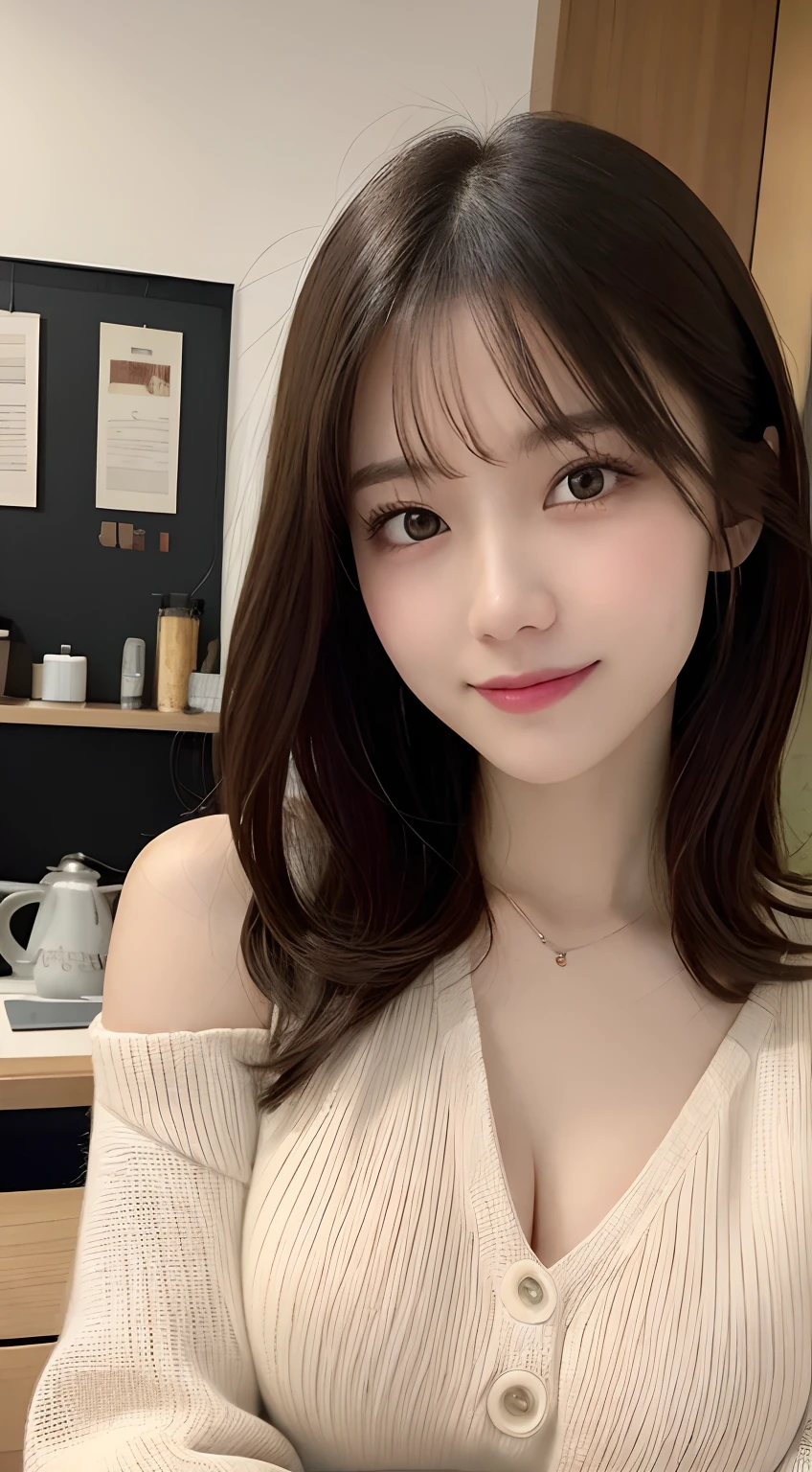 masutepiece, Best Quality, Illustration, Ultra-detailed, finely detail, hight resolution, 8K Wallpaper, Perfect dynamic composition, Beautiful detailed eyes, navy long sleeve knit dress,Straight hair,Small breasts natural color lip, Randomly sexy poses,Smile,Home、20 years girl、Cute、Sexy shot looking at camera,Perfect and beautiful face
