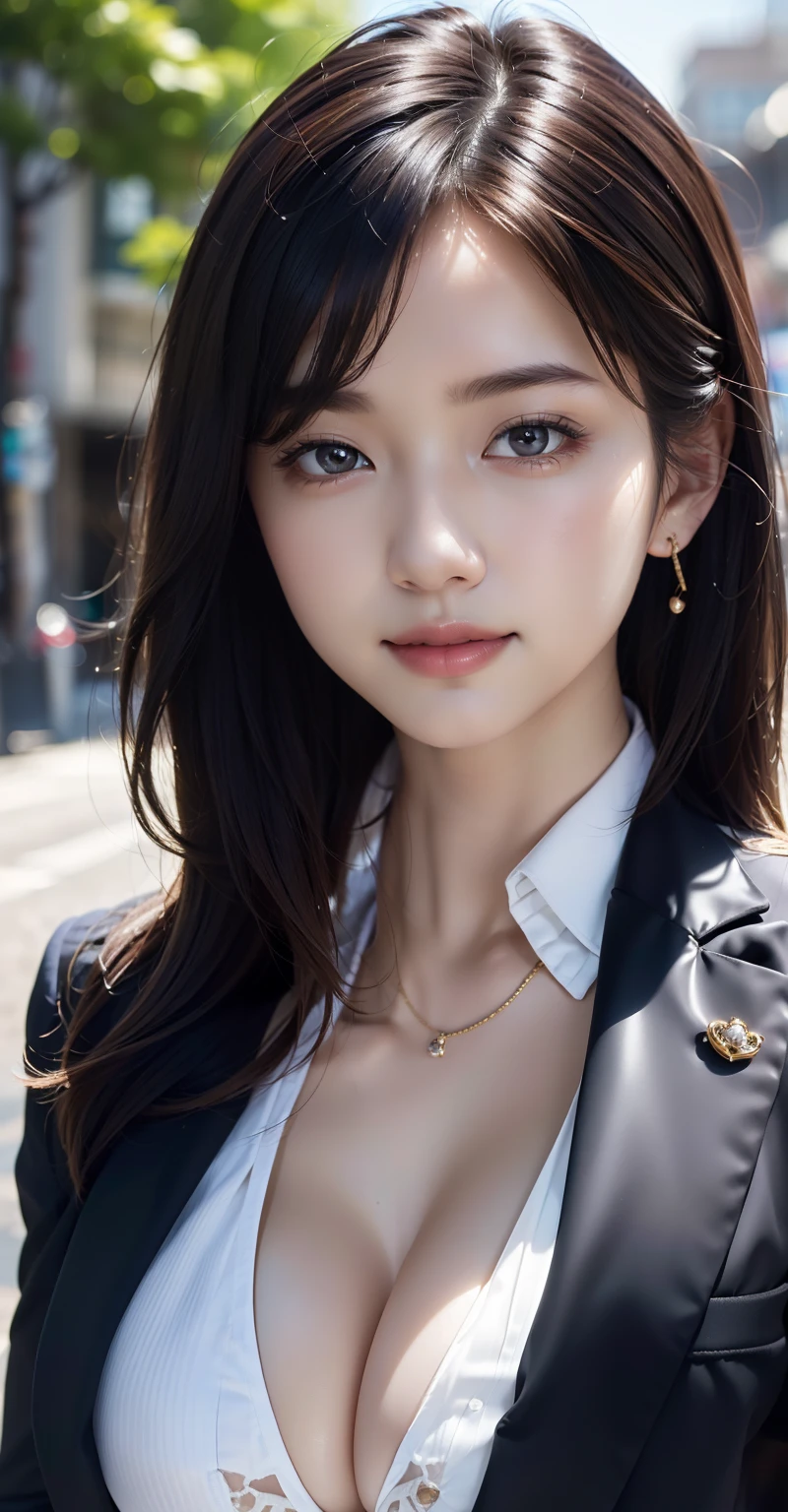 (Masterpiece, Best quality, Photorealistic, Ultra-detailed, finedetail, high resolution, 8K wallpaper), 1 close-up portrait of a beautiful woman, Standing in the city, Earrings, necklace, Smiling happily, Long light brown messy hair, In black suit, White collared shirt, Unbuttoned, sharp-focus, Large breasts, Perfect dynamic composition, Beautiful detailed eyes, detailed hairs, Detailed and realistic skin texture, FashionMagCover, Professional photography, ,twenty-nine_Girl