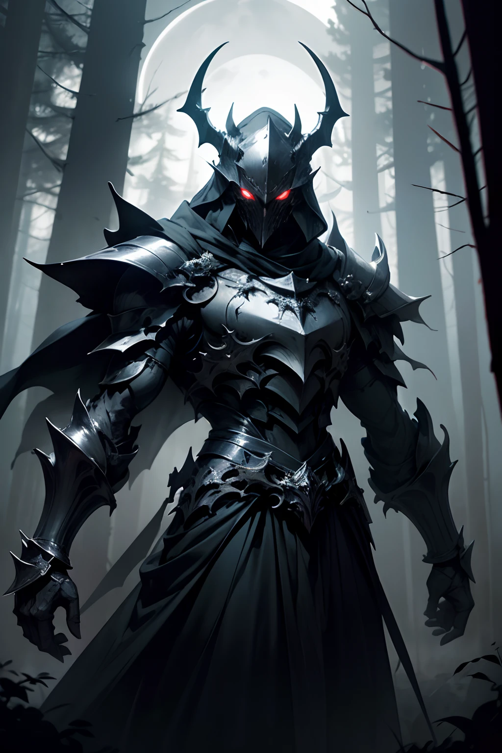 (best quality,highres,ultra-detailed),(dark,ominous,creepy) Nightmare Knight, gleaming menacingly in the moonlit darkness, stalks through a sinister, mist-filled forest. His ebony armor emits an eerie glow, reflecting the pale light of the full moon. With a polished helmet adorned with menacingly sharp horns, he commands fear and awe. His piercing, red eyes seem to penetrate the soul of anyone who dares meet his gaze. The Knight's cloak billows behind him, swaying with an otherworldly presence. 

The forest is shrouded in an eerie darkness, with twisted trees reaching out their skeletal branches, as if reaching for unsuspecting prey. The ground is covered in thick, ominous mist that obscures the path, creating an unsettling atmosphere. Shadows dance and flicker, creating an illusion of movement, as if the forest itself is alive.

The Nightmare Knight clutches a wickedly sharp, blood-stained sword in his armored hand, ready to strike down any unfortunate soul that crosses his path. The sword glimmers with an unholy energy, emanating a faint reddish glow. 

As the moonlight filters through the dense canopy, it illuminates the Knight's figure with a chilling blue hue, casting long, eerie shadows in his wake. The moon's glow highlights the intricate details of the Knight's armor, revealing intricate engravings and sinister symbols.

The Nightmare Knight's armor is adorned with ancient, tattered black feathers, reminiscent of a fallen angel. The feathers rustle with an otherworldly whisper as he moves, adding an unsettling sound to the eerie forest ambience.

The color palette of the scene is dominated by dark and muted tones, with hints of deep purples and blues to enhance the sinister atmosphere. The moonlight casts a silvery glow, adding a touch of ethereal beauty to the haunting scene.

The forest is enveloped in a soft, eerie glow, emphasizing the contrast between light and darkness. This lighting creates dramatic chiaroscuro effects, enhancing the menacing presence