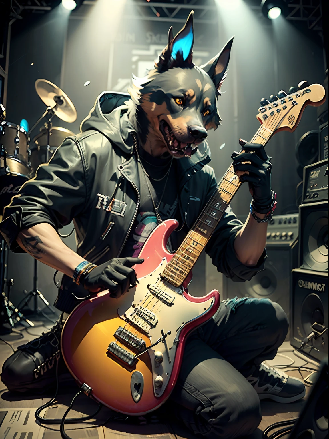 c4tt4stic,Cartoon of a rock singer playing an electric guitar、Chien doberman（Des performances intenses）