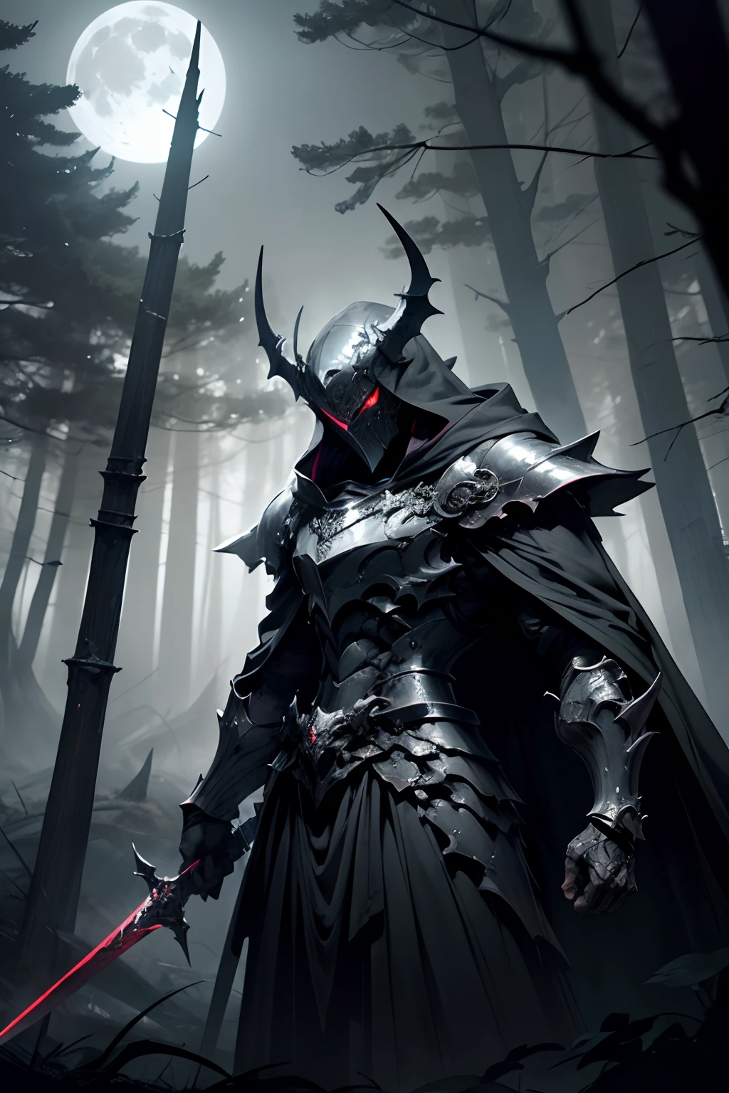 (best quality,highres,ultra-detailed),(dark,ominous,creepy) Nightmare Knight, gleaming menacingly in the moonlit darkness, stalks through a sinister, mist-filled forest. His ebony armor emits an eerie glow, reflecting the pale light of the full moon. With a polished helmet adorned with menacingly sharp horns, he commands fear and awe. His piercing, red eyes seem to penetrate the soul of anyone who dares meet his gaze. The Knight's cloak billows behind him, swaying with an otherworldly presence. 

The forest is shrouded in an eerie darkness, with twisted trees reaching out their skeletal branches, as if reaching for unsuspecting prey. The ground is covered in thick, ominous mist that obscures the path, creating an unsettling atmosphere. Shadows dance and flicker, creating an illusion of movement, as if the forest itself is alive.

The Nightmare Knight clutches a wickedly sharp, blood-stained sword in his armored hand, ready to strike down any unfortunate soul that crosses his path. The sword glimmers with an unholy energy, emanating a faint reddish glow. 

As the moonlight filters through the dense canopy, it illuminates the Knight's figure with a chilling blue hue, casting long, eerie shadows in his wake. The moon's glow highlights the intricate details of the Knight's armor, revealing intricate engravings and sinister symbols.

The Nightmare Knight's armor is adorned with ancient, tattered black feathers, reminiscent of a fallen angel. The feathers rustle with an otherworldly whisper as he moves, adding an unsettling sound to the eerie forest ambience.

The color palette of the scene is dominated by dark and muted tones, with hints of deep purples and blues to enhance the sinister atmosphere. The moonlight casts a silvery glow, adding a touch of ethereal beauty to the haunting scene.

The forest is enveloped in a soft, eerie glow, emphasizing the contrast between light and darkness. This lighting creates dramatic chiaroscuro effects, enhancing the menacing presence