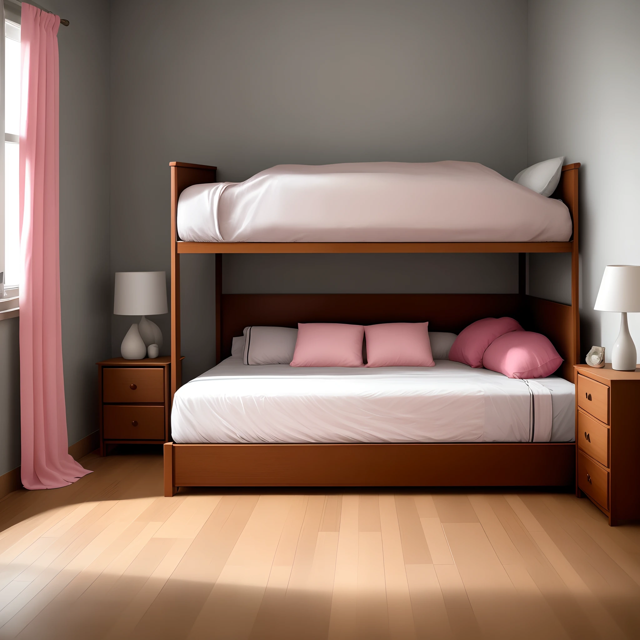 A small organized bedroom with a small bed. The bed sheets are black and pink. With pink curtains. With gray walls. The bed is next to the wall.white nightstand to the left of the bed . A brown wooden ground