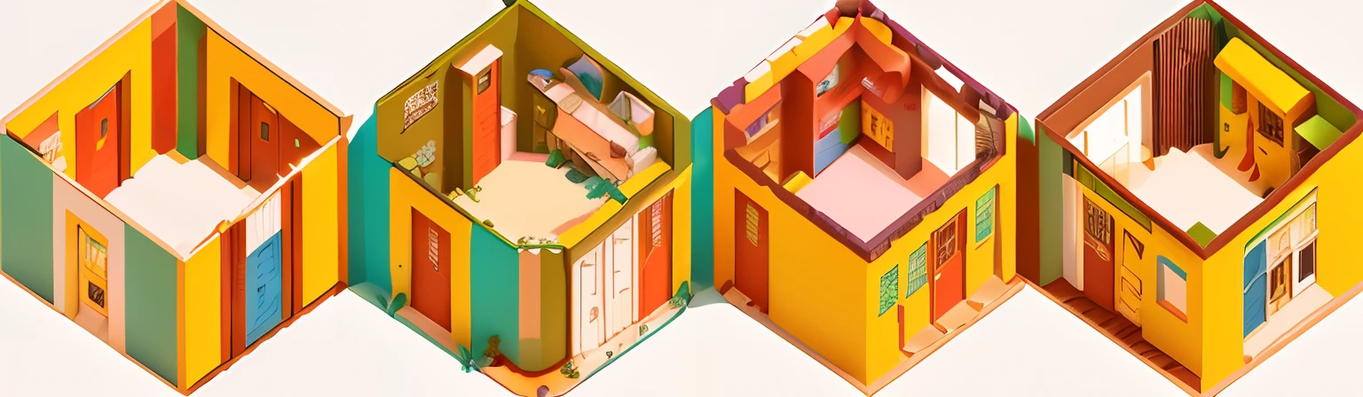 Tres cometas de diferentes colores cuelgan de una pared, isometric style, isometric illustration, Isometric, Habitaciones segmentadas aleatoriamente, isometric art, not isometric, isometric illustration fun, isometric angles, Isometric environment, isometric house, Colorido plano surrealista, isometric 3D, isometric design, isometric 3 d, Colorful surreal flat design
