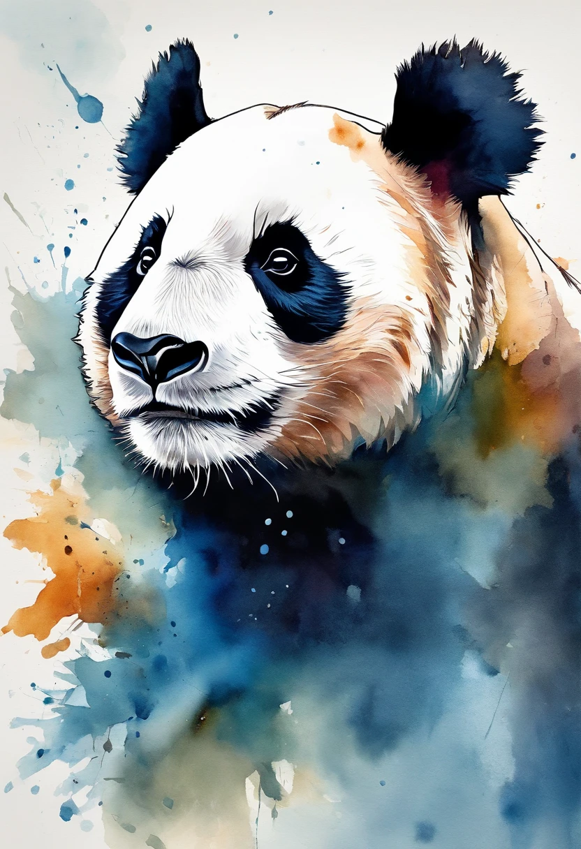 Create a realistic image of a panda where its striking gaze is fixed straight ahead and its body blends into an abstract background with different shades of blue and the blue spots gently form an abstract butterfly