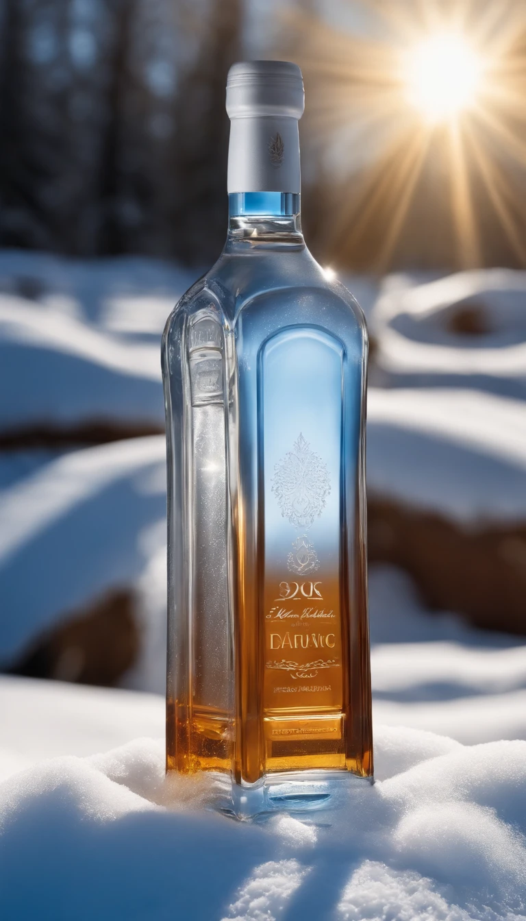 Ultra-realistic scenes，Transparent liquor bottle，Surrounded by snow，blue sky background，Eau，rays of sunshine，low perspective，Product rendering，HD8K。 --v6