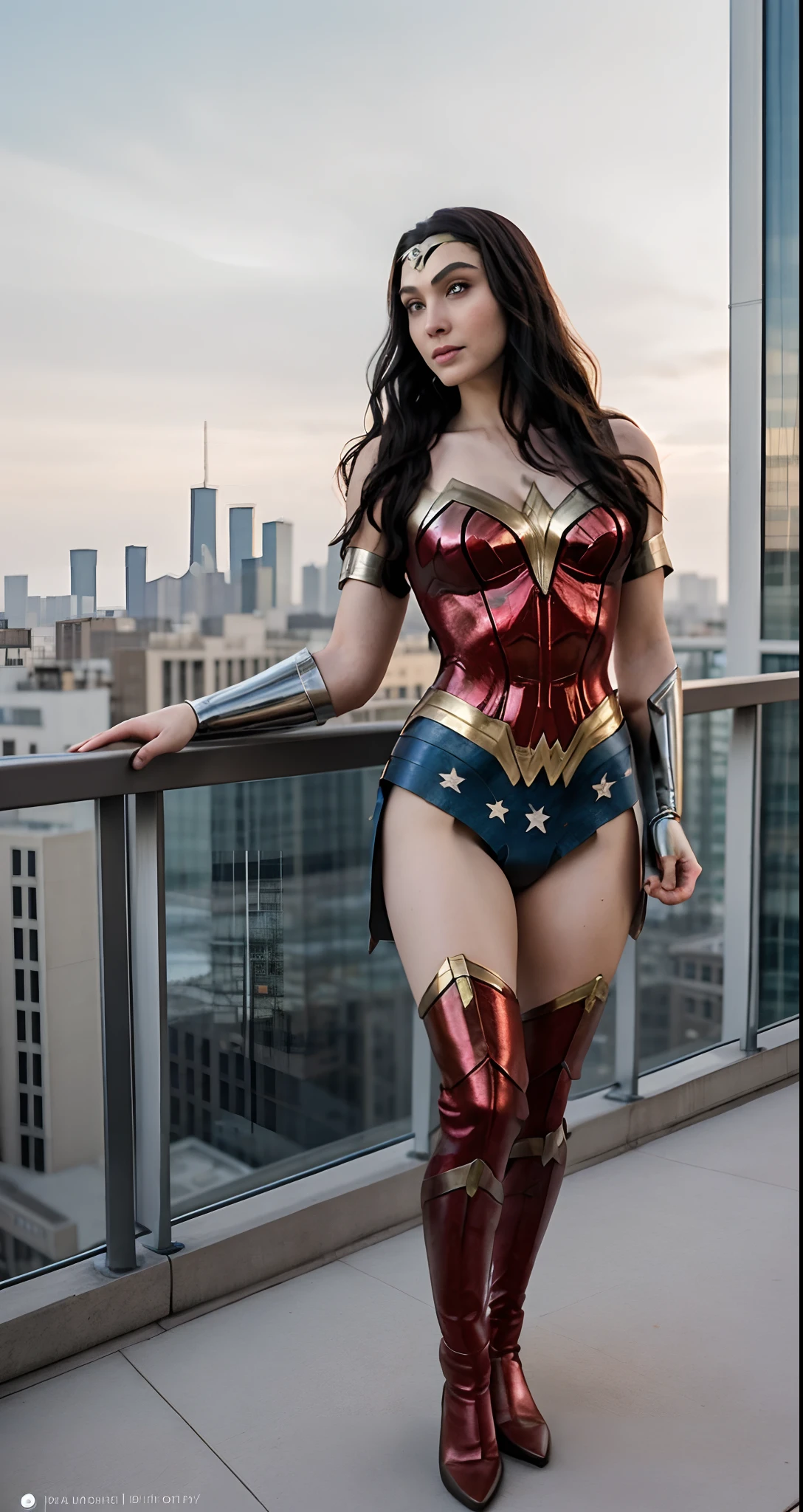 1 mulher bonita em seus 19 anos com seu volumosos cabelo muito longo excedendo sua cintura em comprimento de cor loiro e seus grandes e belos seios usando um cosplay da wonder woman ,Standing on the terrace of the tallest building in the city while looking at the observer, corar