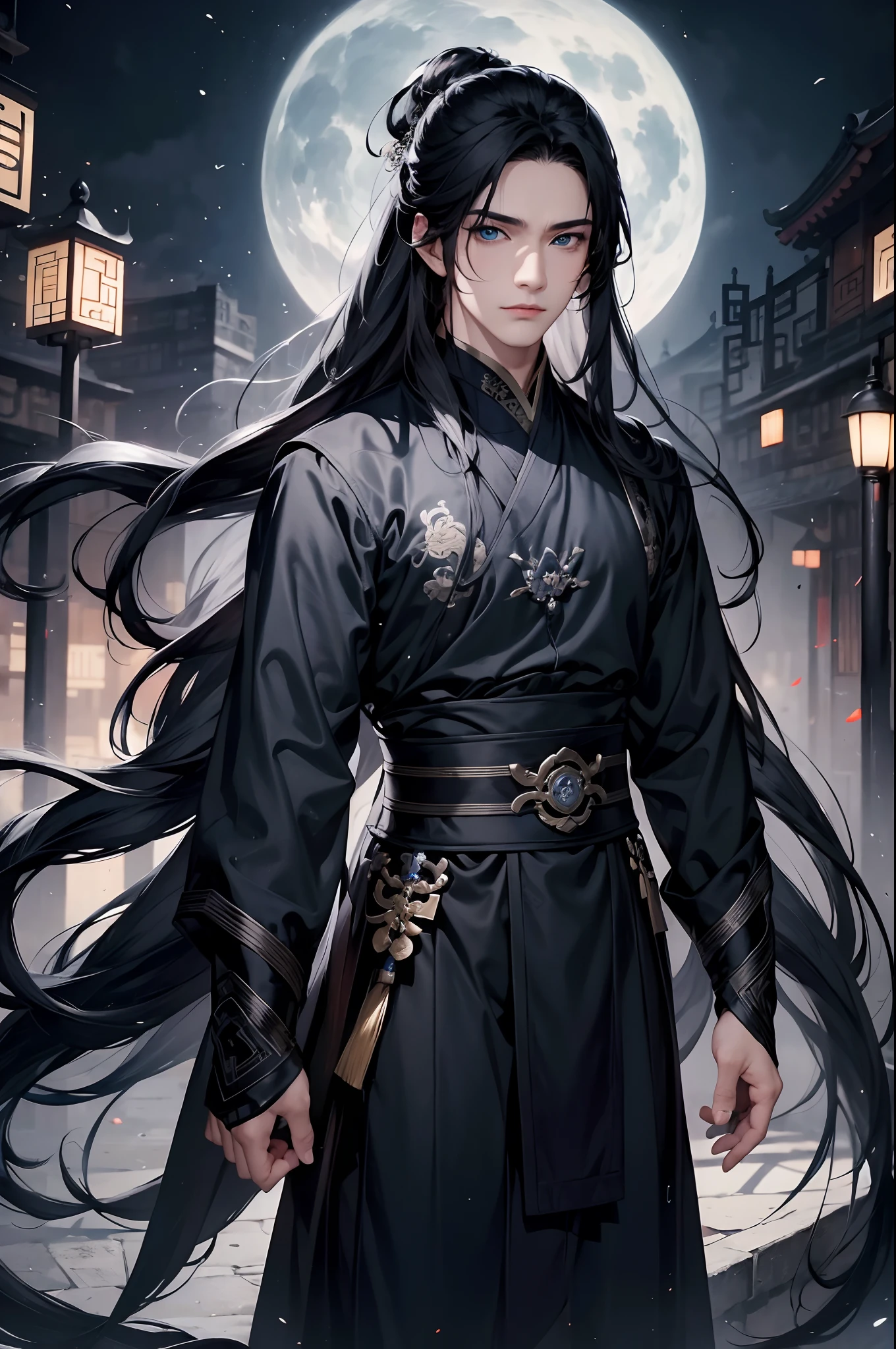 1 boy holding a book in his hand, cabelos preto e longos，Outfit in black，独奏，（the night：1.2）long whitr hair, Blue eyes,Chinese folk tales，swordsmen，