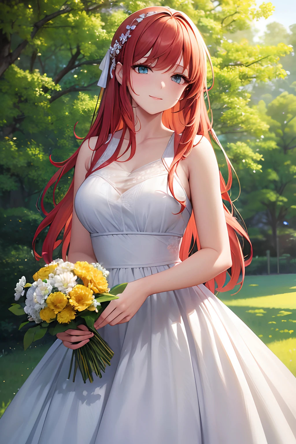 (best quality,4k,8k,highres,masterpiece:1.2),ultra-detailed,realistic,beautiful redhead girl with fair skin,gorgeous green eyes,long flowing red hair,rosy cheeks,porcelain complexion,lovely freckles,captivating smile,elegant posture,standing in a blooming garden,shaded by tall trees and vibrant flowers,bathed in soft sunlight,with a gentle breeze caressing her hair and dress,dressed in a flowing white summer dress,adorned with delicate floral patterns,she holds a bouquet of colorful flowers in her hands,her eyes shining with joy and wonder,as she admires the beauty of nature around her,impeccable attention to detail in her features and expressions,highly realistic and lifelike rendering,exquisite textures and rich colors,painting-like qualities with fine brushstrokes and soft transitions,portraits,soft and warm color palette,subtle yet warm lighting,bringing out the girl's natural beauty and radiance