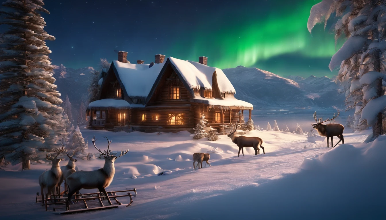 Fantasyart, Best Quality,hight resolution,(masutepiece:1.2),Ultra-detailed,Reindeer in the foreground,Multiple reindeer,Beautiful aurora borealis in jade color, Mysteriously shining aurora borealis,Snow-capped mountains towering in the background々, Two-story log cabin covered in snow,Snow Hideout, Yukito,Sled,Winter wonderland,Vibrant colors, 云,myst,themoon,intergalactic, breathtaking landscape, Ice cliffs, frozen lake, Peakful, Majestic beauty, Starry Night, ethereal glow, Miracle of nature, Peaceful solitude, Wonders of Heaven, Vast, Natural phenomena, Silent Night, Gentle reflection, sparkling stars, Mystical charm