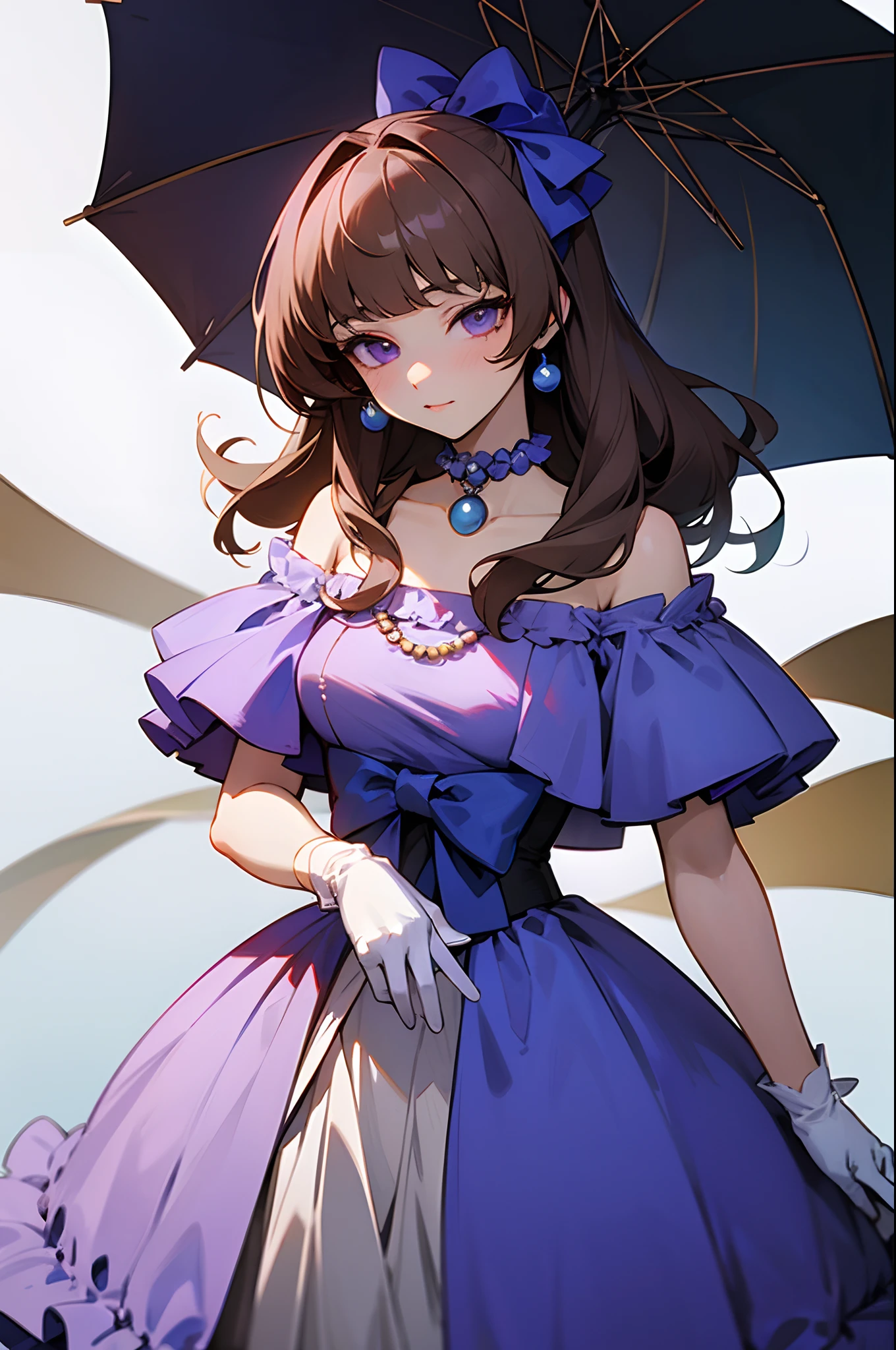 solo, solo focus, 1girl, The Nobleman's Retort, Hentai Game, RPG Hentai Game, Isabel, Hime bangs, brown hair, long hair, Blue bow in hair, Blue choker, white bead necklace, blue off shoulder dress, Frilly dress, white gloves, purple eyes, background nobleman's mansion, Masterpiece, best quality, fullbody portrait,