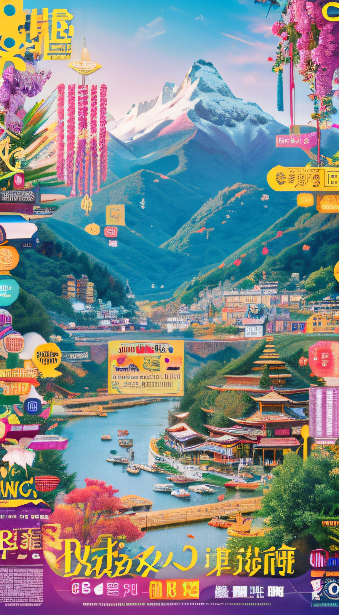 Rich and colorful Yunnan food culture、traditionalcostumes、Unique architecture、Ethnic motifs、Dynamic traffic、Vibrant colors、exquisite detailing、high-resolution illustrations、textures true to reality、Linear poster illustration style with ethereal lighting，Linear flat poster