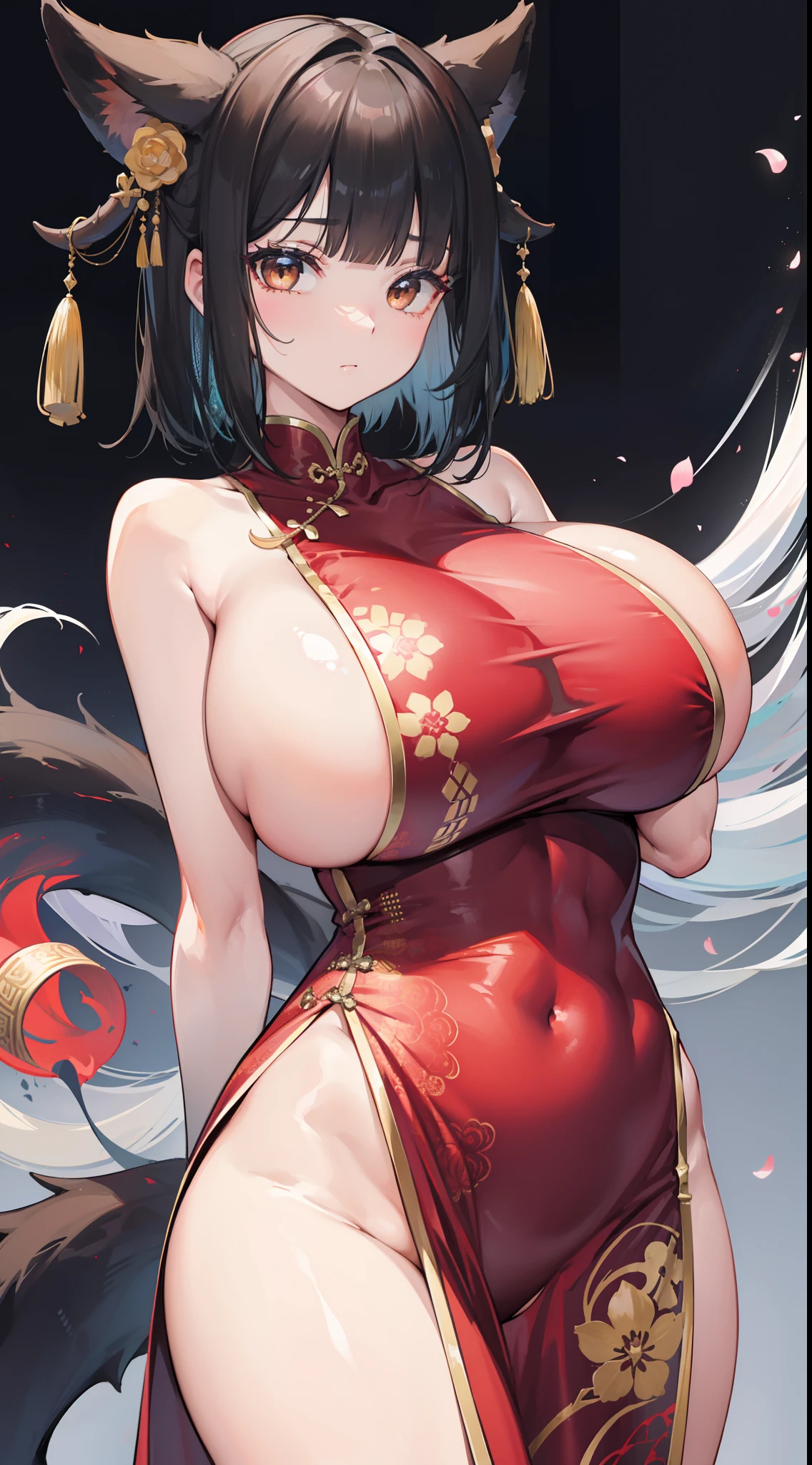 Girl,full bodyesbian,(Detailed face:1.2), Masterpiece, Fashion,Chinese dress,, Medium hair, Black hair, double tails, Blunt bangs, Brown eyes,(huge tit:1.2)，(Pubic bone:1.3)