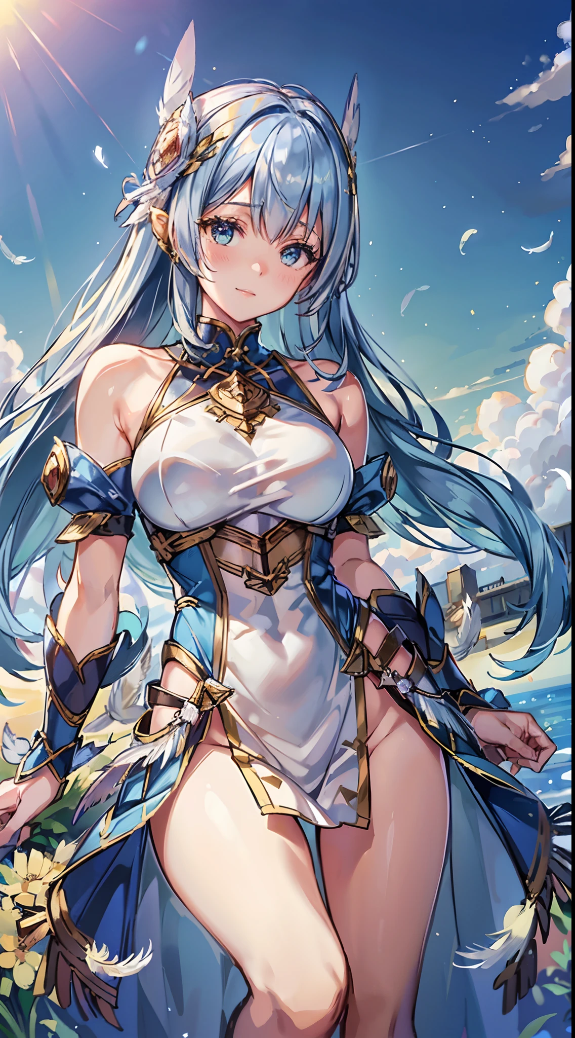 ((4K,masutepiece,Best Quality)), maxiskit, Little girl in a sparkly yellow and white leotard, Solo, wide shoot,(((Cute angel flying in the blue sky))), Fantasy, Big Angel Wings, adorable smiling、Long blue hair、Twin-tailed、Delicate eyes, beautifullydetailedbackground, (on clouds), (Full speed、Full flight towards the lens)、 (2 large feathers:1.3), Lens Flare,Large in the center