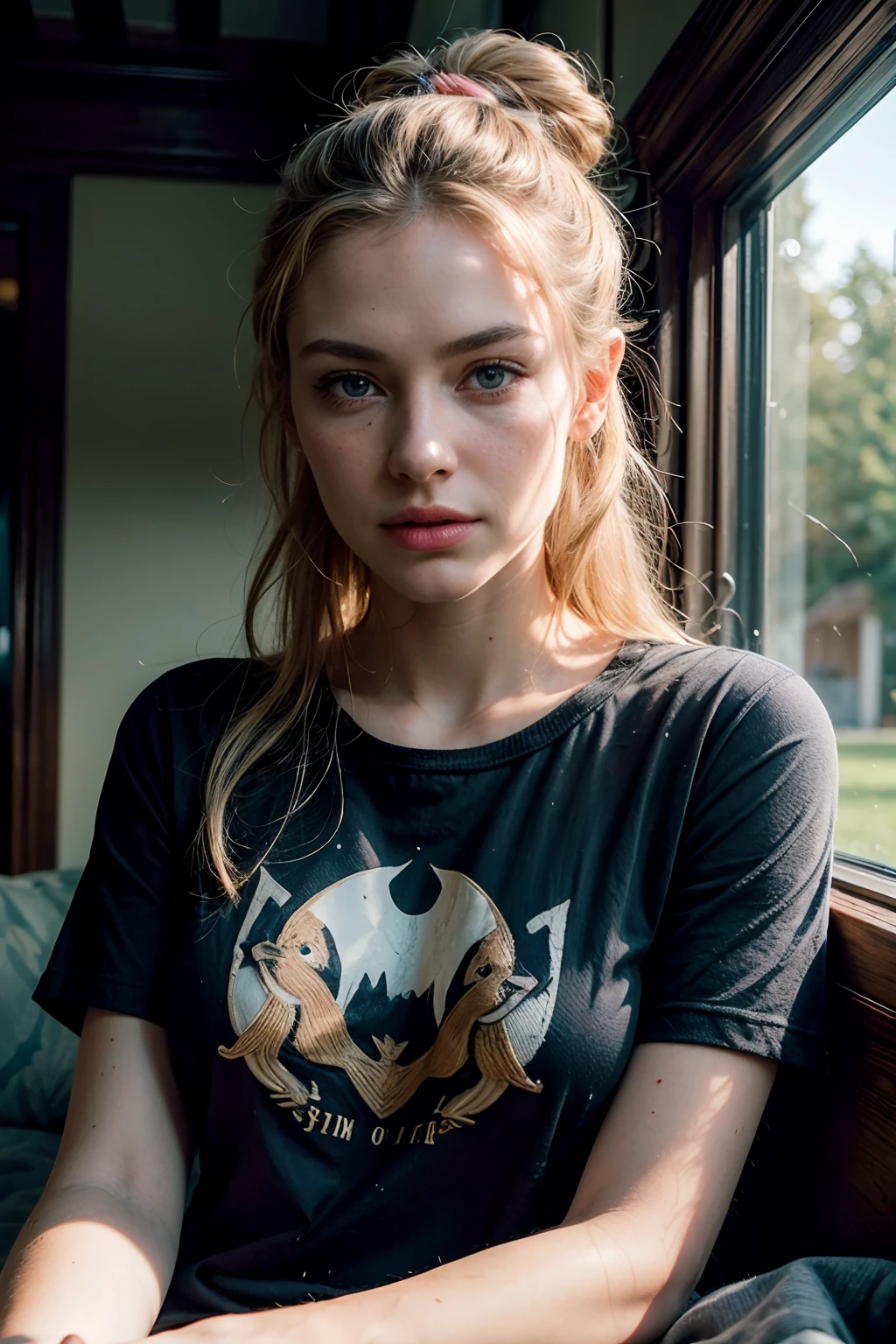 1 woman, she's (sitting outside next to pond with swans:1.2, she's looking at camera), (elegantly detailed swans:1.3) , she is a gorgeous,,(exterior lovely pond park with ducks and swans)), stunning natural lighting on every element,), realistic photo, (52% of photo is black in drawing:1.4), she's has (eye contact:0.3) skill , (she wears a tshirt with minotaur graphic print , black jeans, pencil in her blonde hair), (clouds:0.4) beautiful face, slight smile, intense presence, masterpiece, obsessively detailed details, cozy relaxed, teasing us, catching us, beautiful hands, kind eyes, gorgeous, incredible details, ((high contrast)), (deep, darkest shadows), (shadow details:1.3), ((taken using Leica camera, aperture: f/2.3)) , hyper-realistic skin, pores, scar, mole, (she has blonde hair pulled away from face, tidy updo, with pencil stuck in it), (stunning smokey eye makeup), natural resting, perfect hands, relaxed moment, she's in dark with natural light glow, (romantic light:0.7), radiant skin, perfectly framed face, perfect relaxed hands, perfect fingers, (perfect portrait, incredible eyes:0.7), a work of art, hans memling composition, golden ratio, inspiring, (highest quality fabric texture), every detail,Fine facial features – (Highest Quality) ,Leica camera film, High quality ○○ detailed – ○○ details ultra detailed(Ultra-fine ), Photorealistic, Extremely detailed(Extremely detailed) , (highest detail image, lens flare, realistic)○○ res – ○○ resolution ultra high res(A high resolution),playful relaxed photos